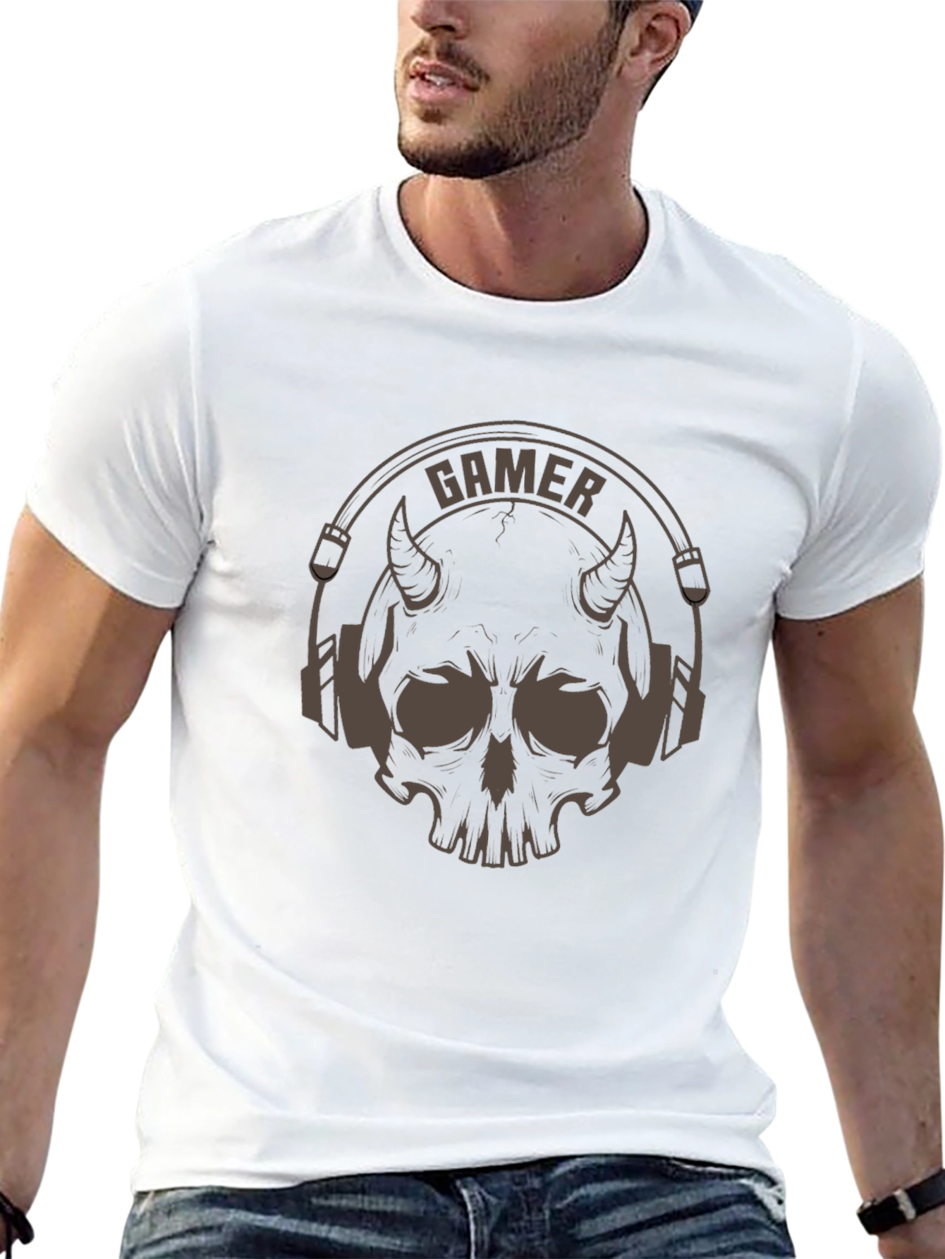 Gamer Devil Skull Graphic T-Shirt - Black
