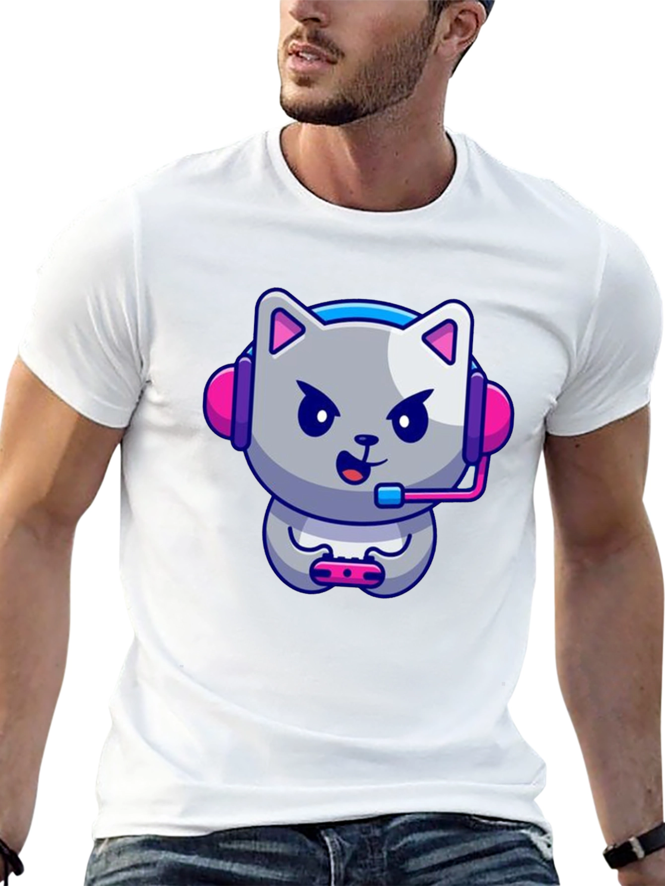 Gamer Cat Graphic Tee - Black Cotton T-Shirt