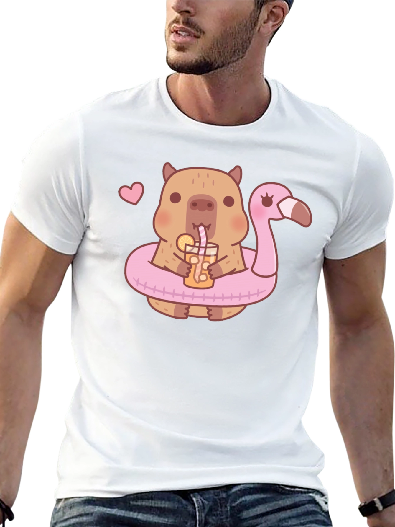 Cute Capybara Flamingo Drink Graphic T-Shirt