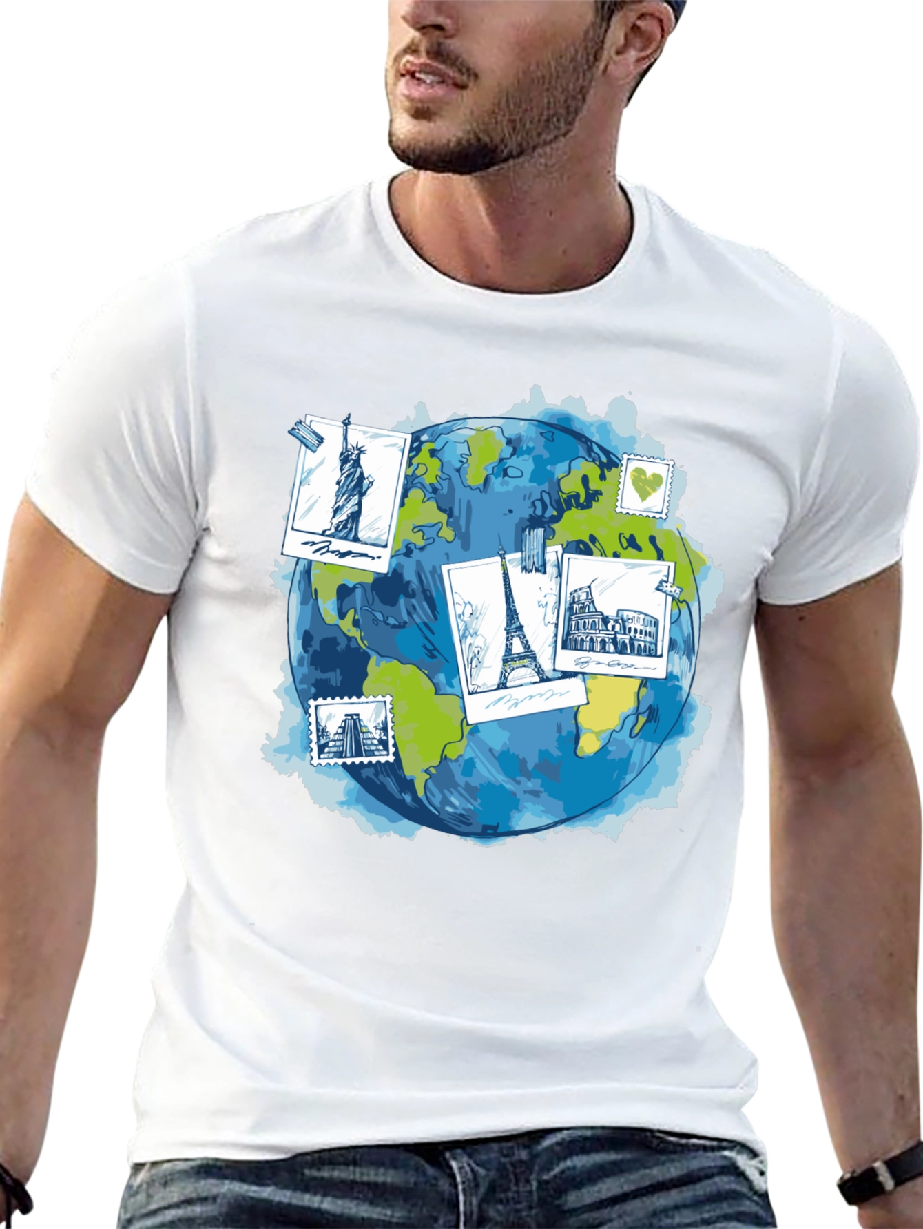World Travel Landmarks Globe Graphic T-Shirt