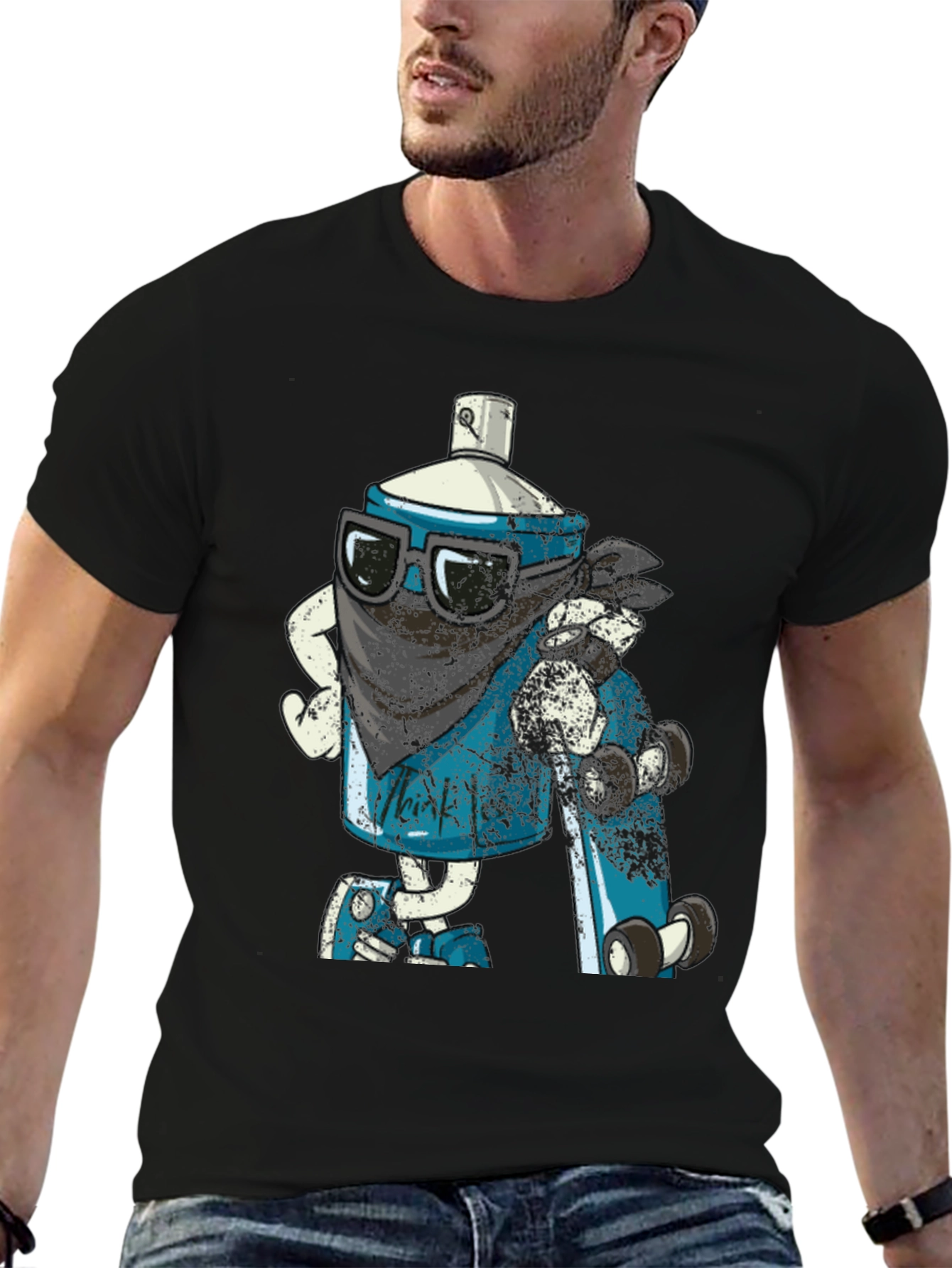 Cool Cartoon Spray Can on Black T-Shirt