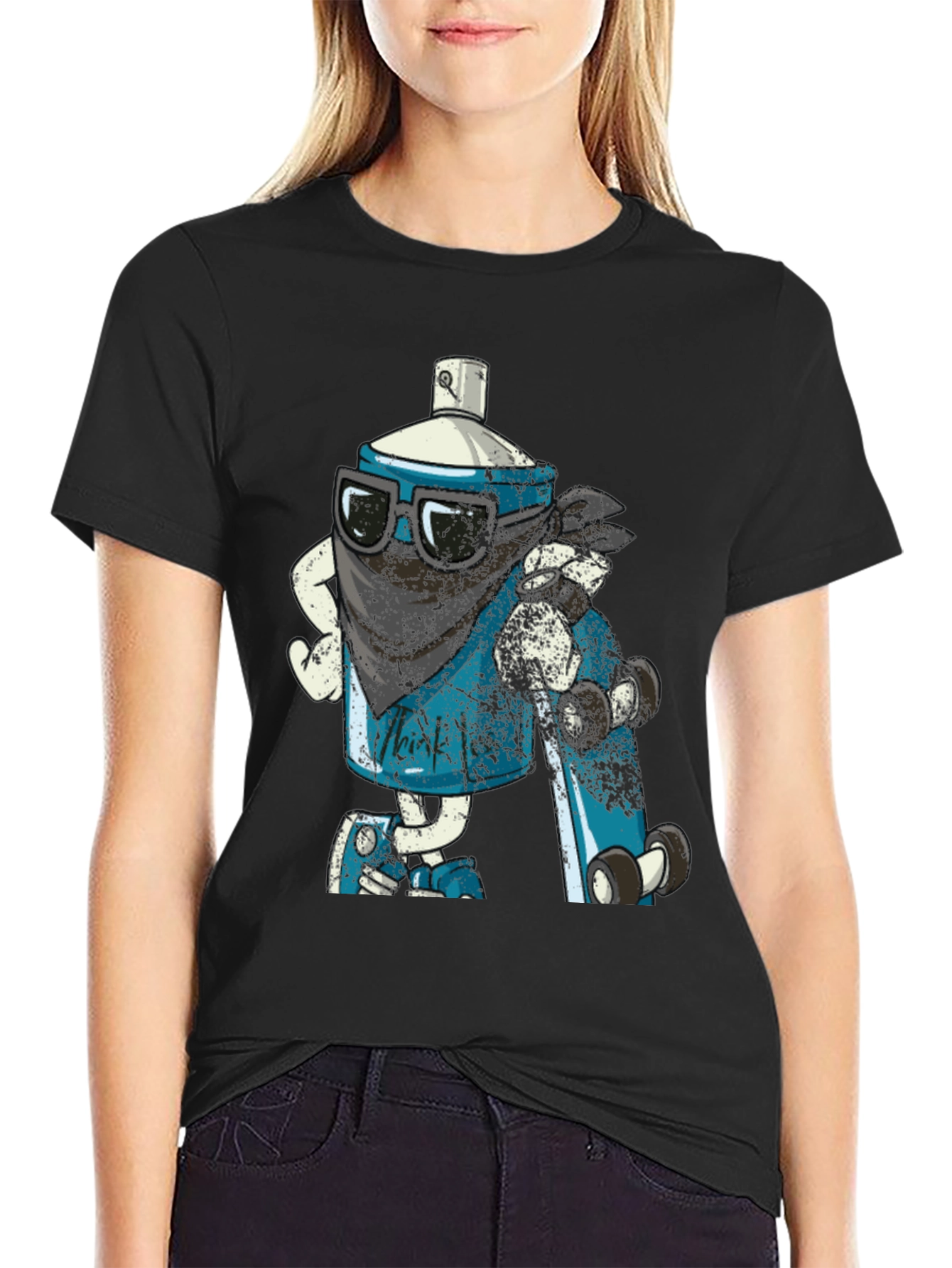 Cool Cartoon Spray Can on Black T-Shirt