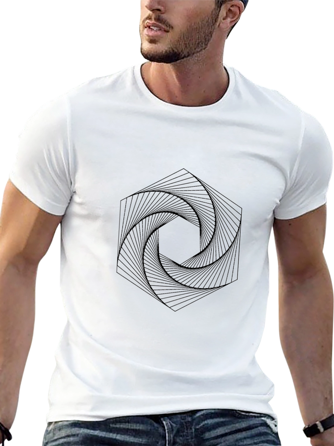 Geometric Hexagon Vortex Black T-Shirt