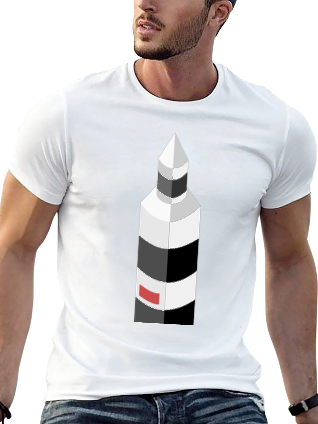 Isometric Lighthouse Graphic Tee - Black Cotton Casual Shirt