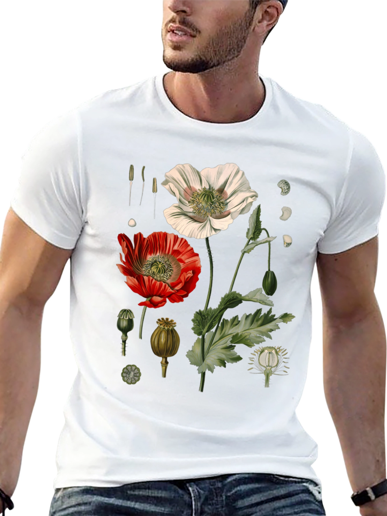 Botanical Poppy Print Black T-Shirt