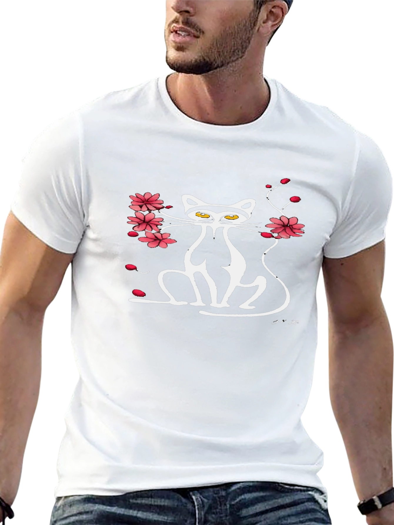 Cat & Cherry Blossom Graphic Black Tee