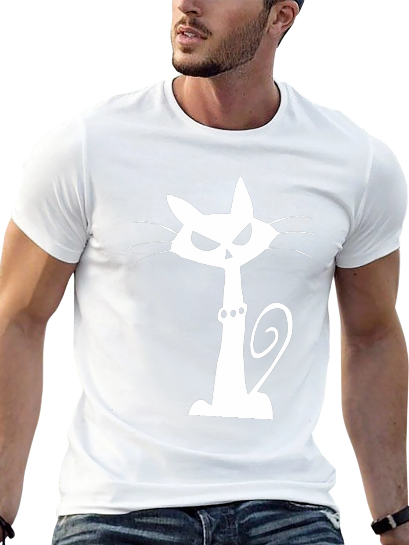 Spooky Cat Graphic Tee - Black Cotton T-Shirt