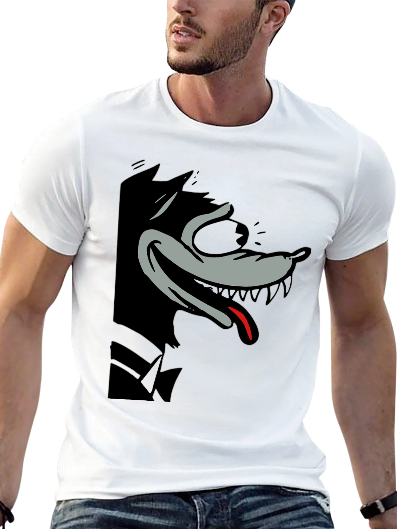 Cartoon Wolf Graphic Tee - Mens Black T-Shirt