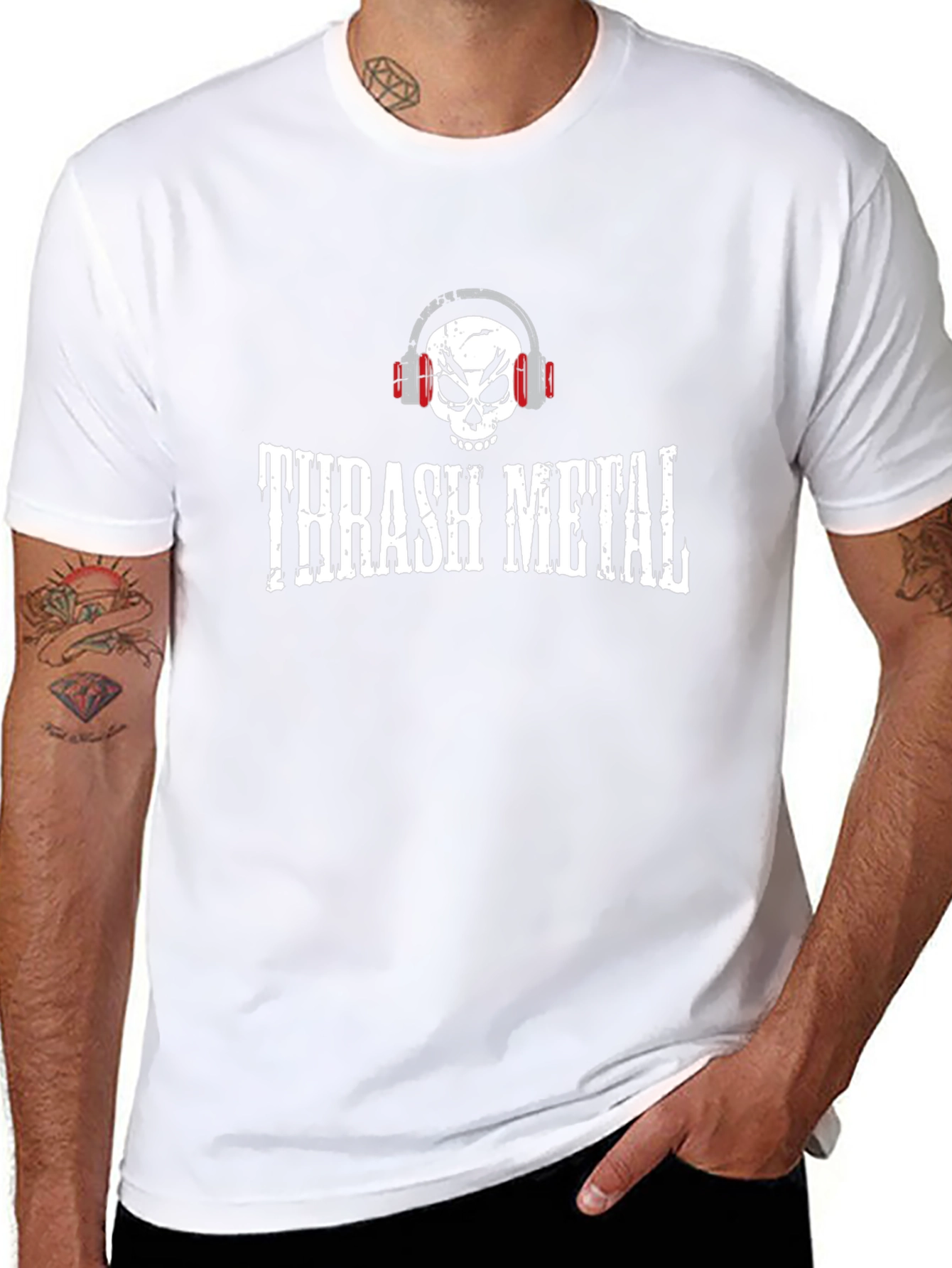 Thrash Metal Skull Headphones Graphic T-Shirt