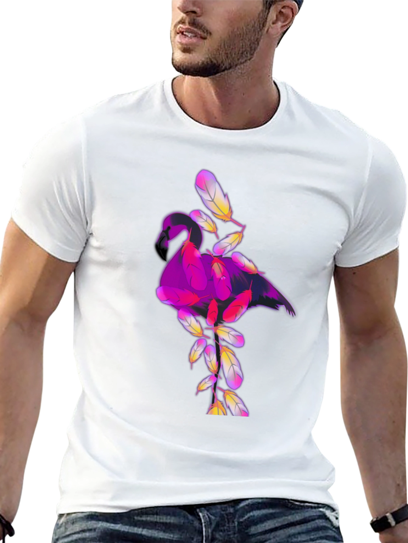 Black Graphic Tee: Flamingo Feather Design