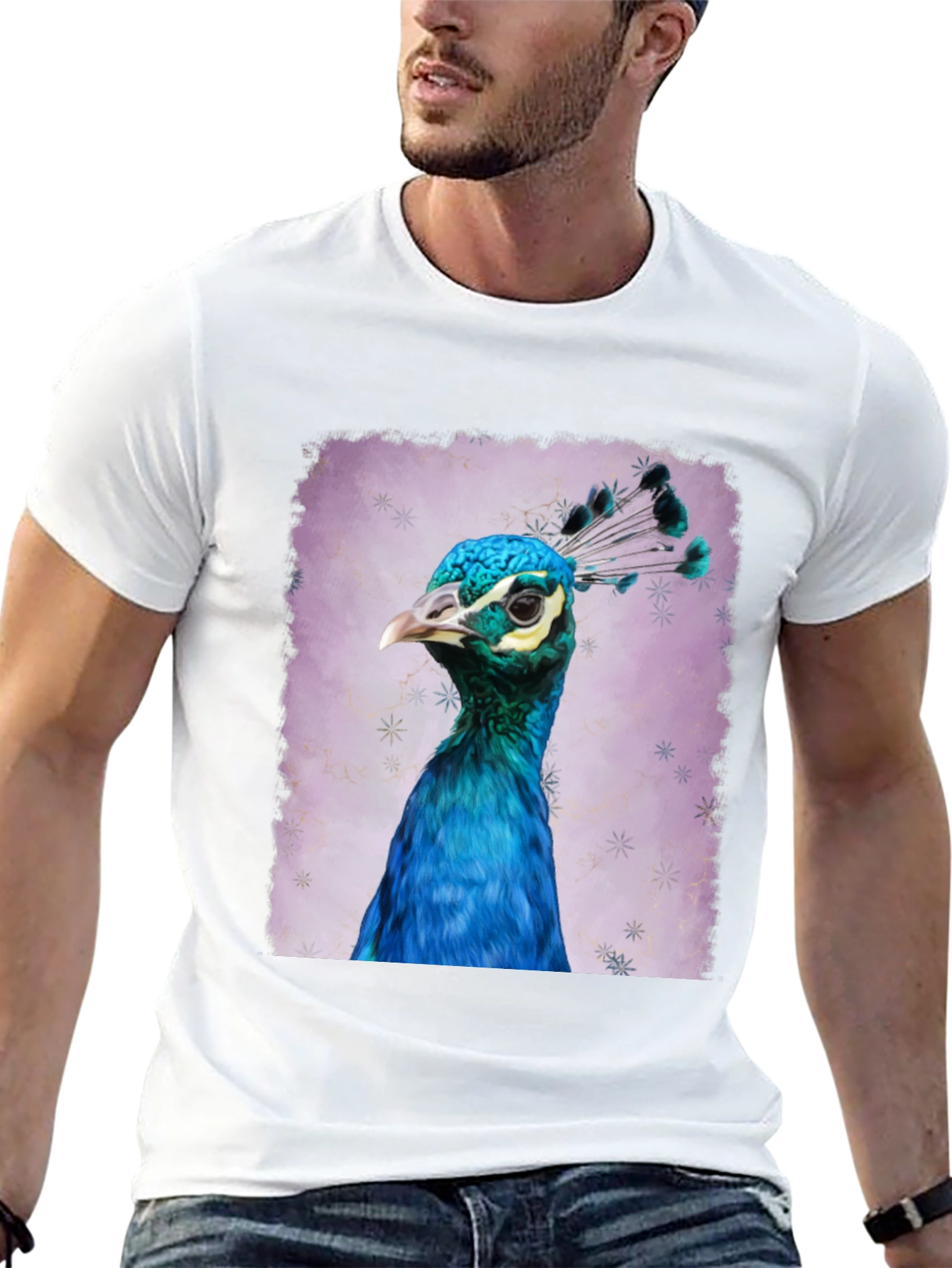 Peacock Portrait Graphic Tee - Black Cotton T-Shirt