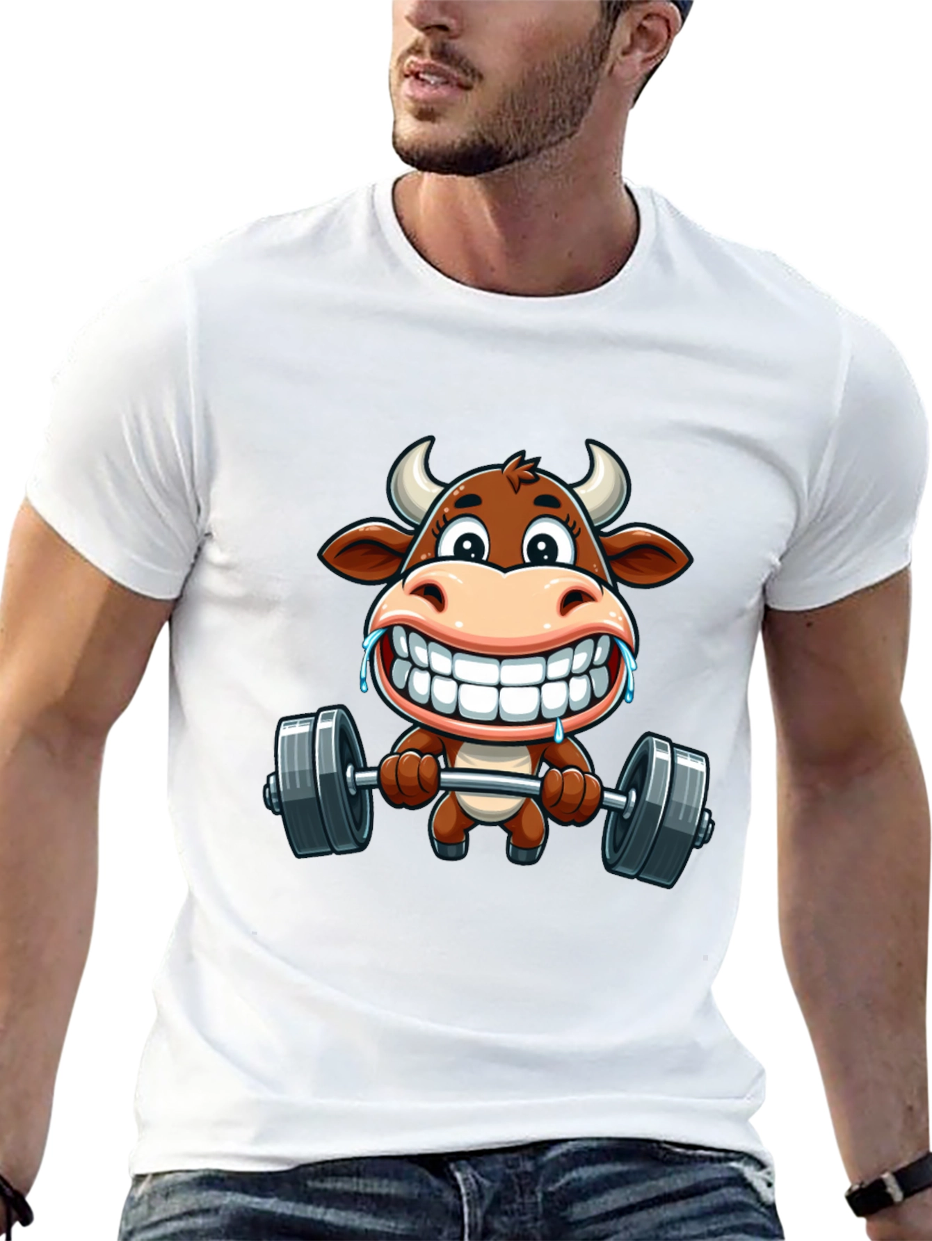 Funny Cow Lifting Weights Graphic T-Shirt