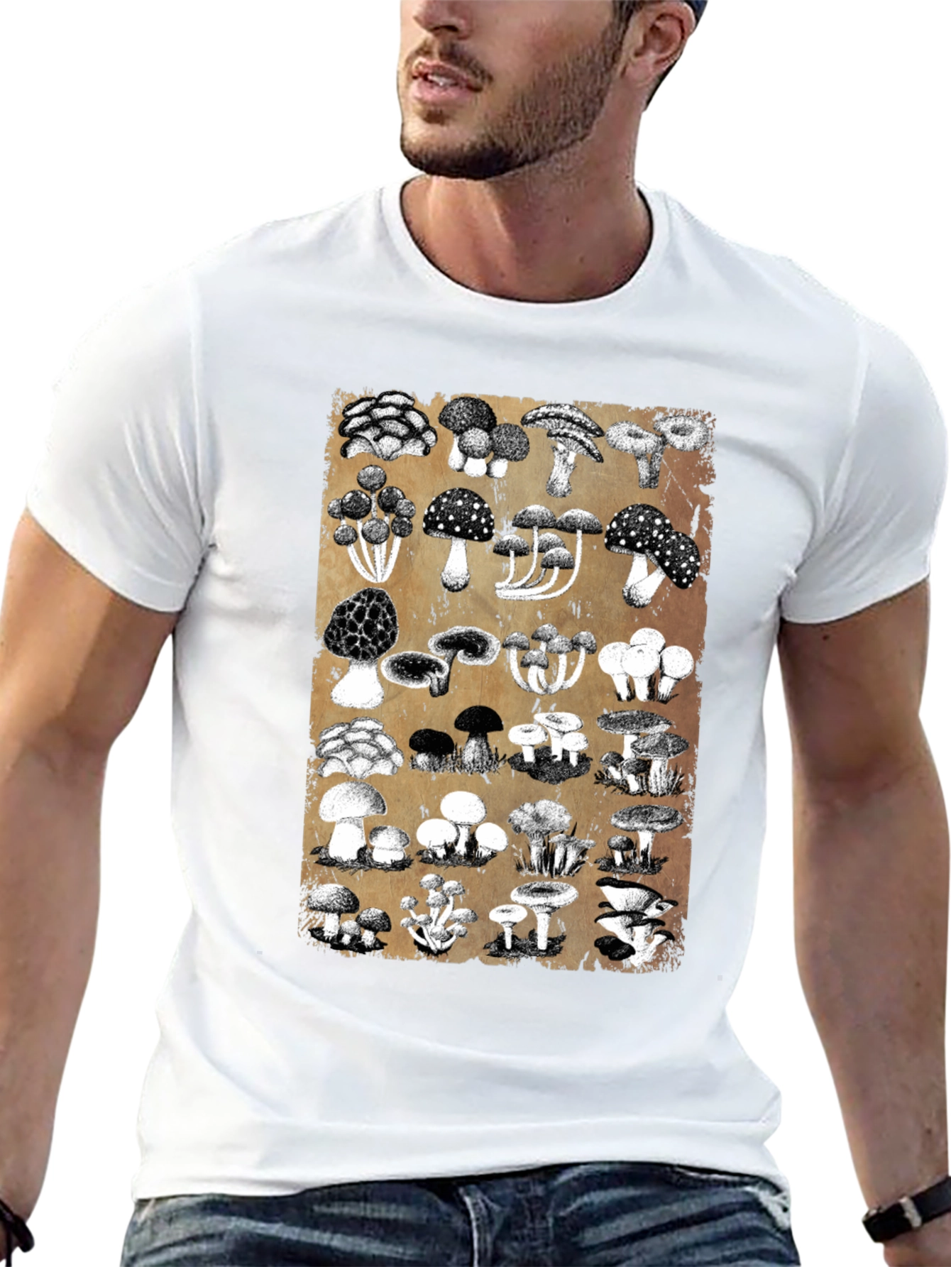Mushroom Print Black T-Shirt - Nature Lovers Tee