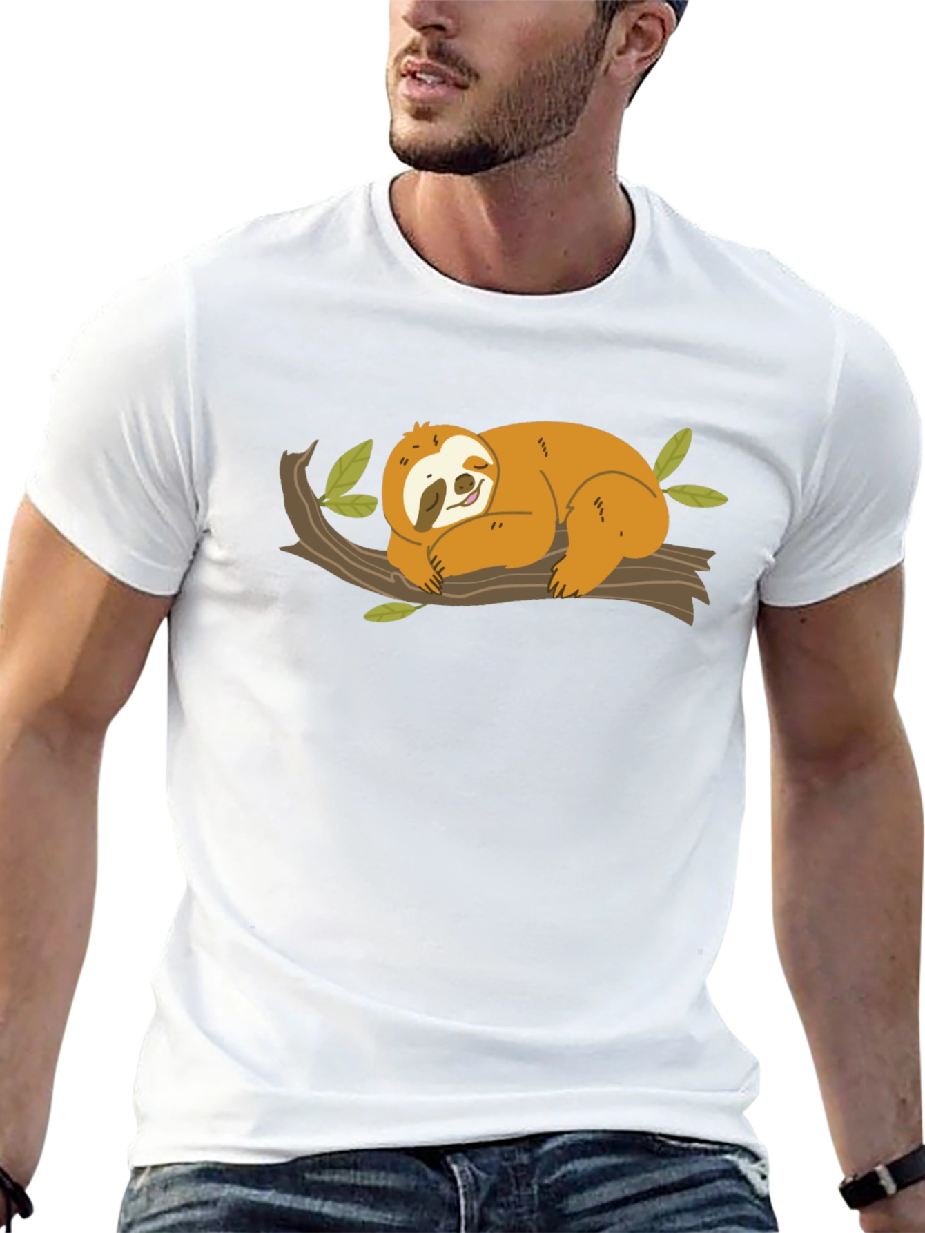 Cute Sloth on Branch Black T-Shirt