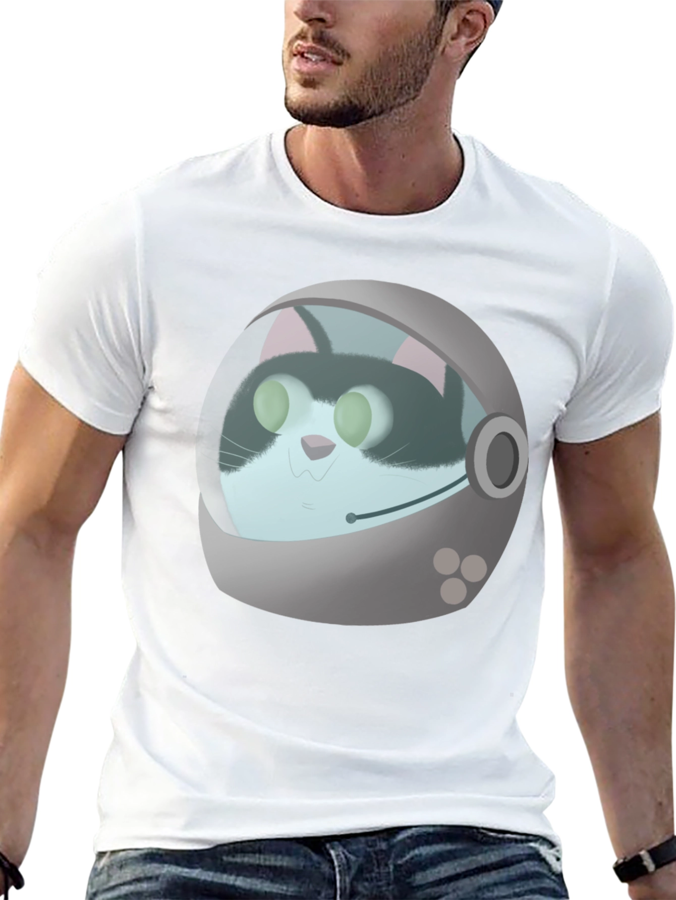 Astronaut Cat Graphic T-Shirt - Black Crew Neck Tee