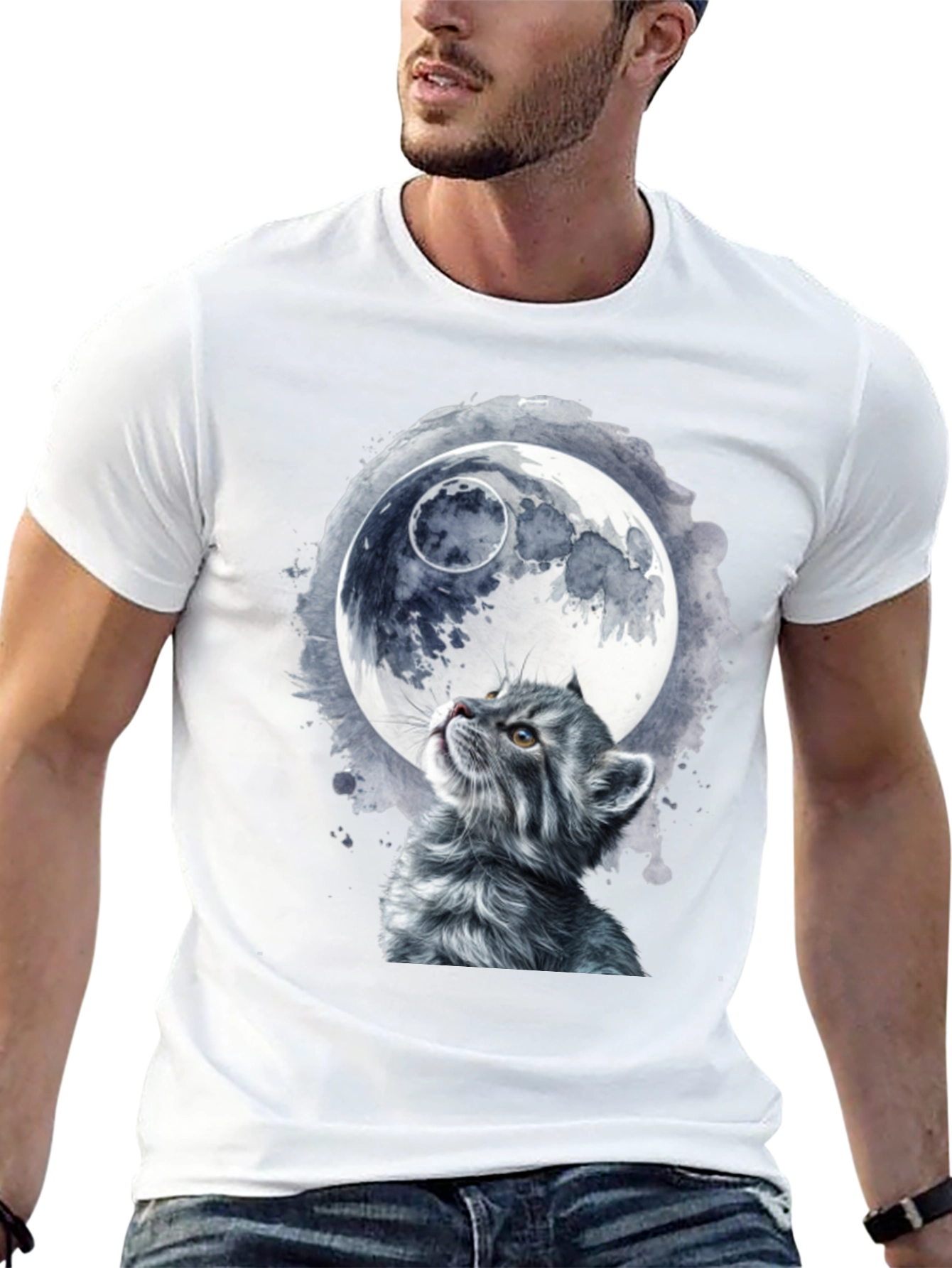 Cat & Moon Graphic T-Shirt - Unique Black Tee