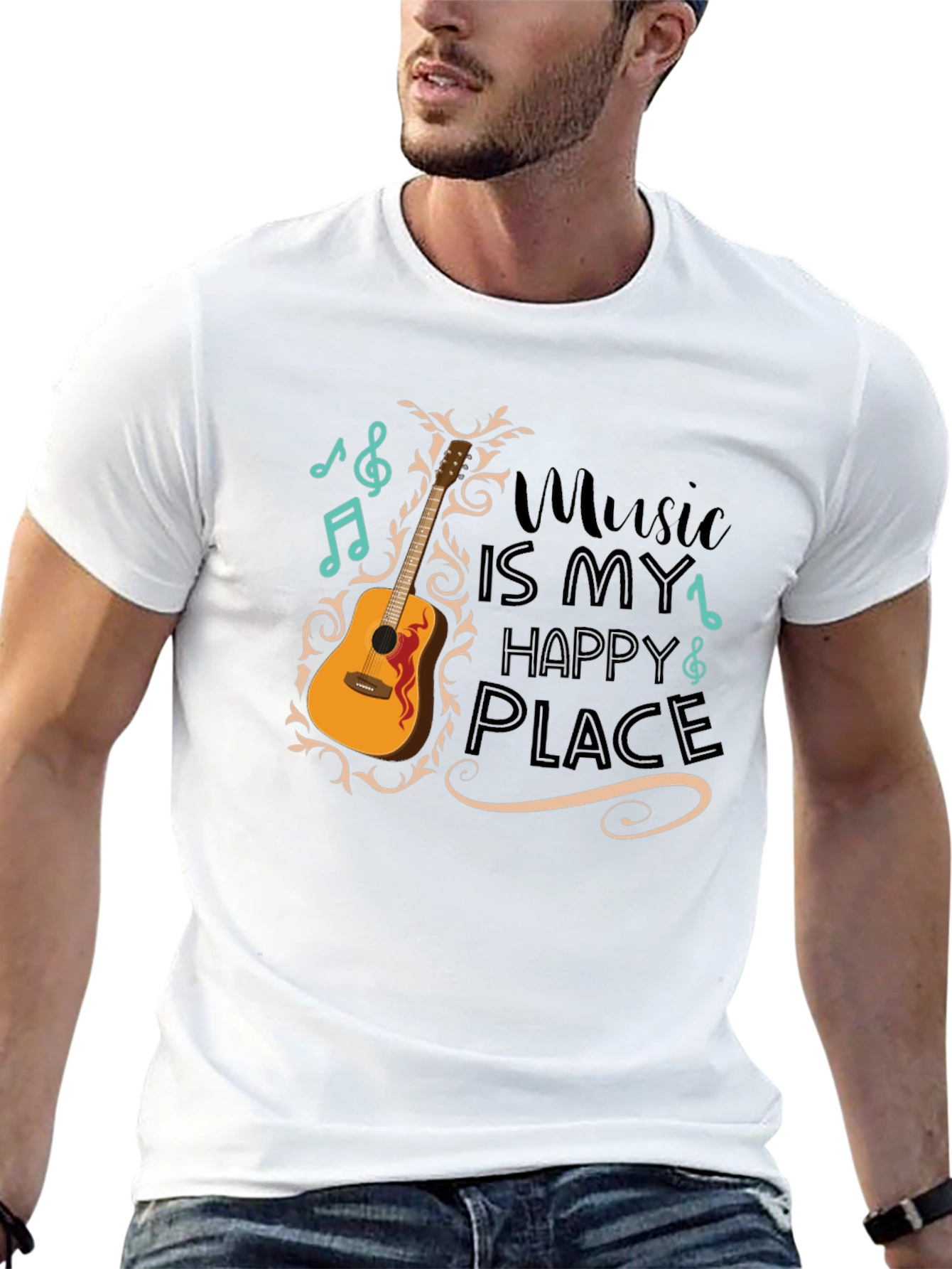Music Is My Happy Place Guitar Graphic T-Shirt