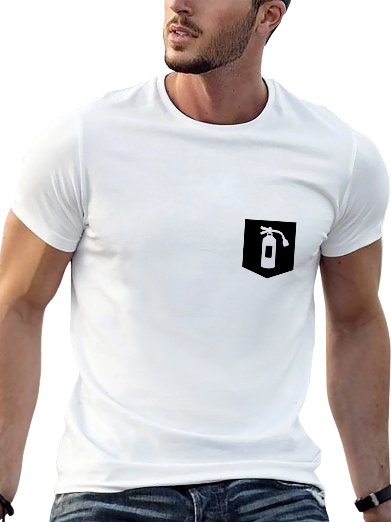 Mens Black T-Shirt w/ Fire Extinguisher Pocket Graphic