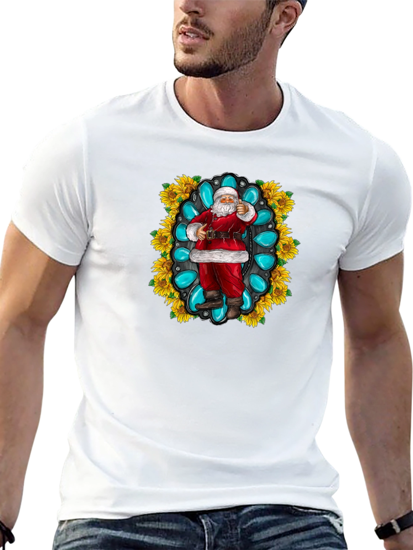 Festive Santa T-Shirt with Turquoise & Sunflower Design