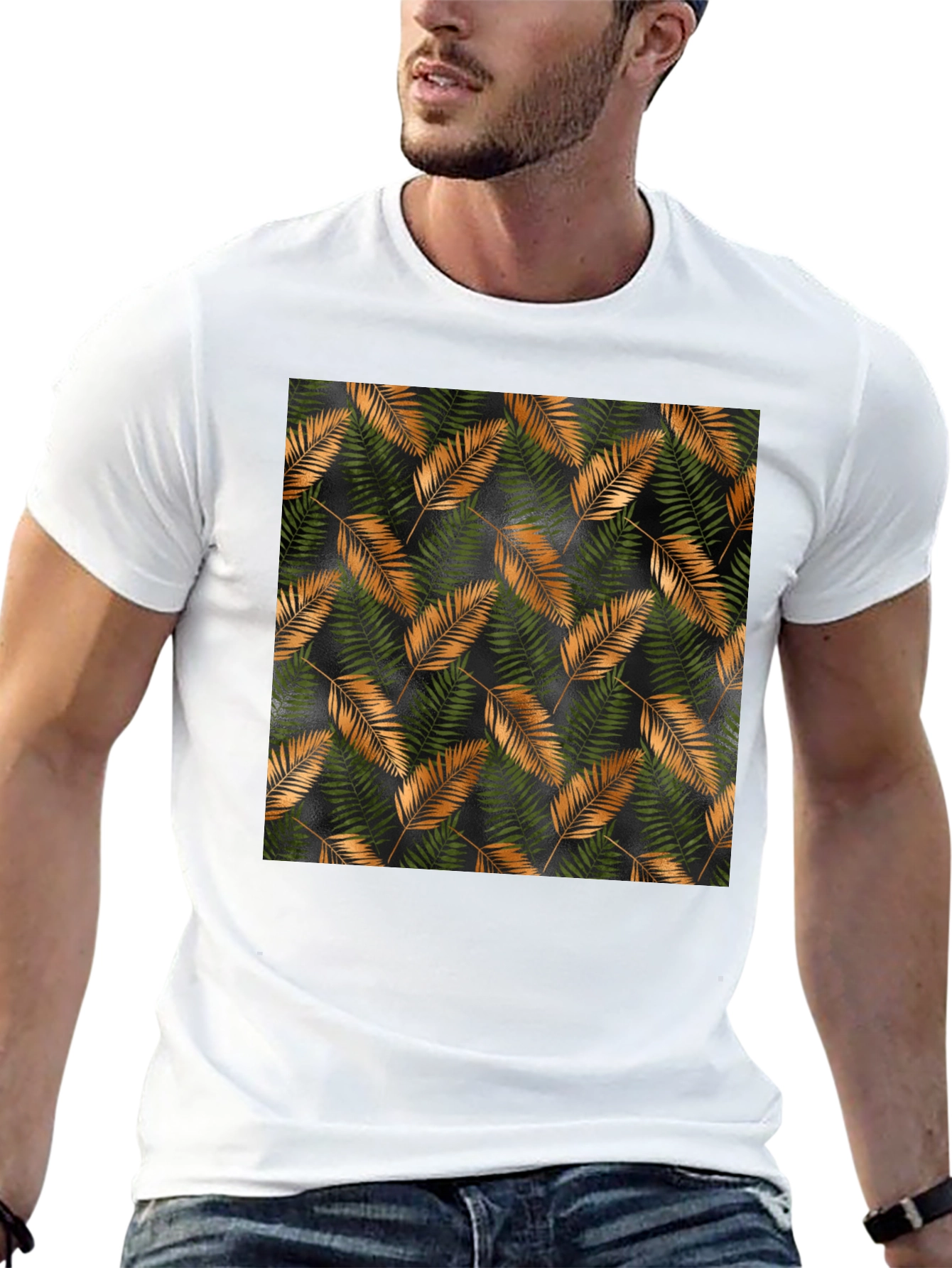 Stylish Black T-Shirt with Tropical Leaf Print