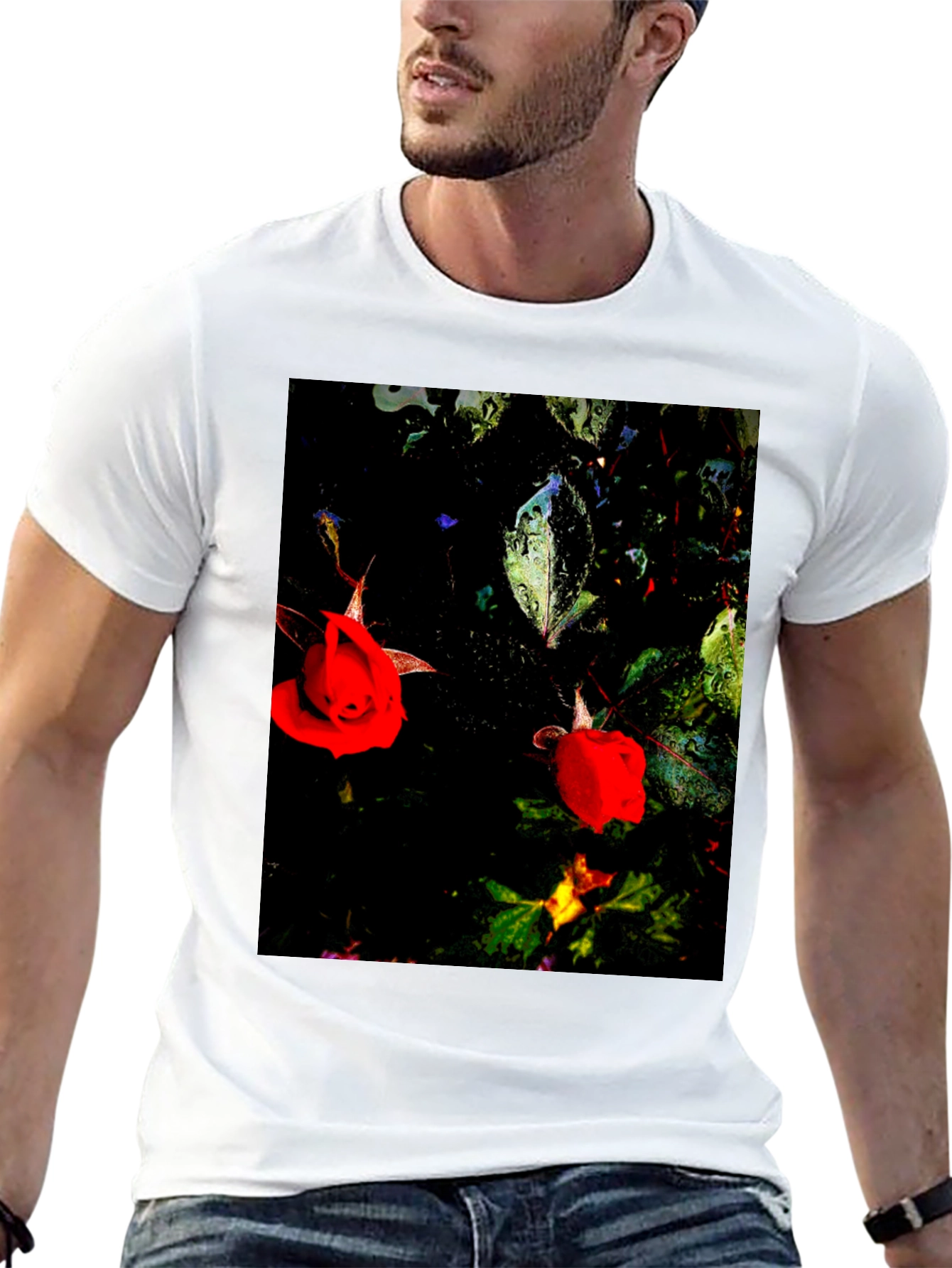Floral T-Shirt - Black with Red Roses
