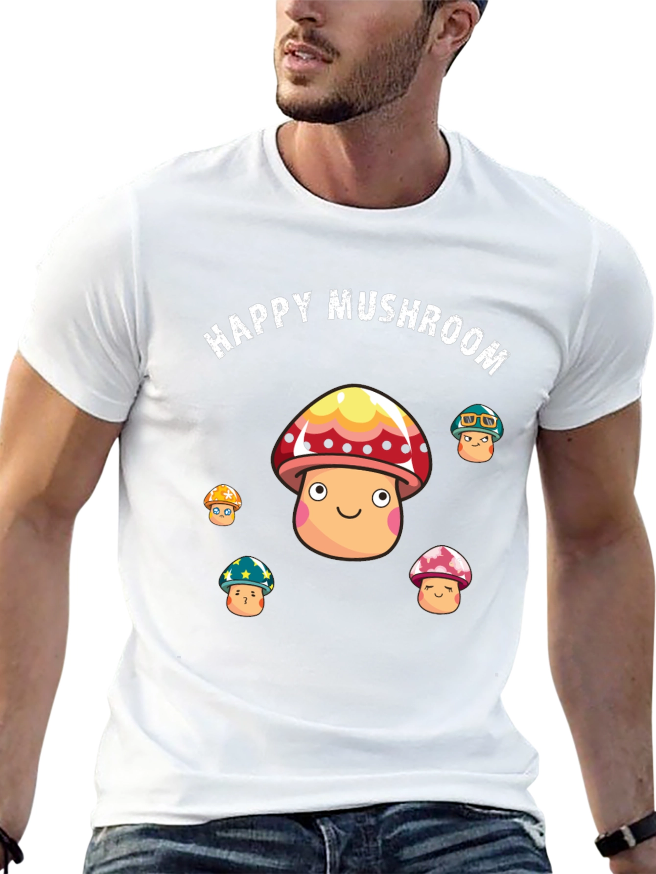 Happy Mushroom Graphic Print Black T-Shirt