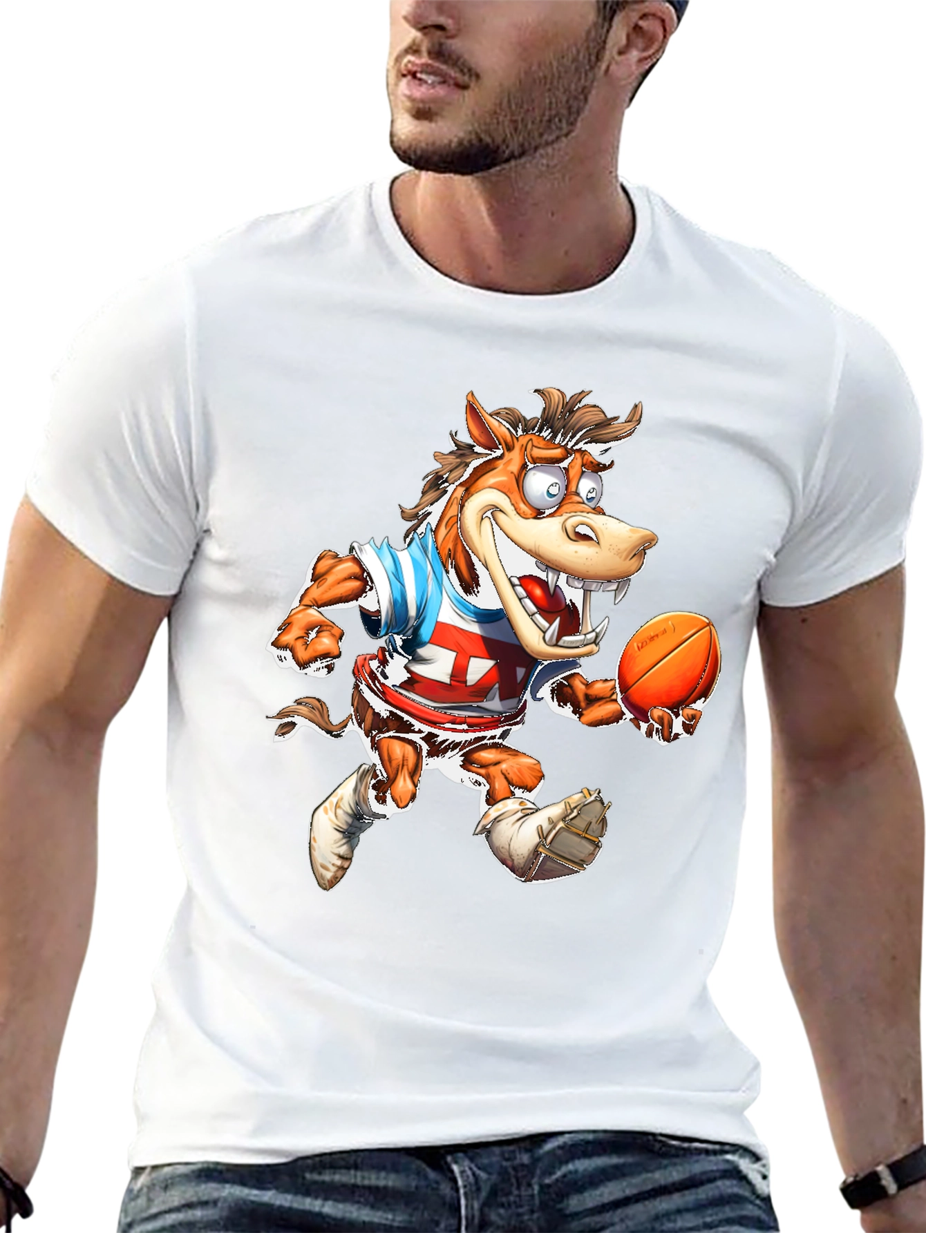 Cartoon Horse Football T-Shirt - Black Cotton Tee