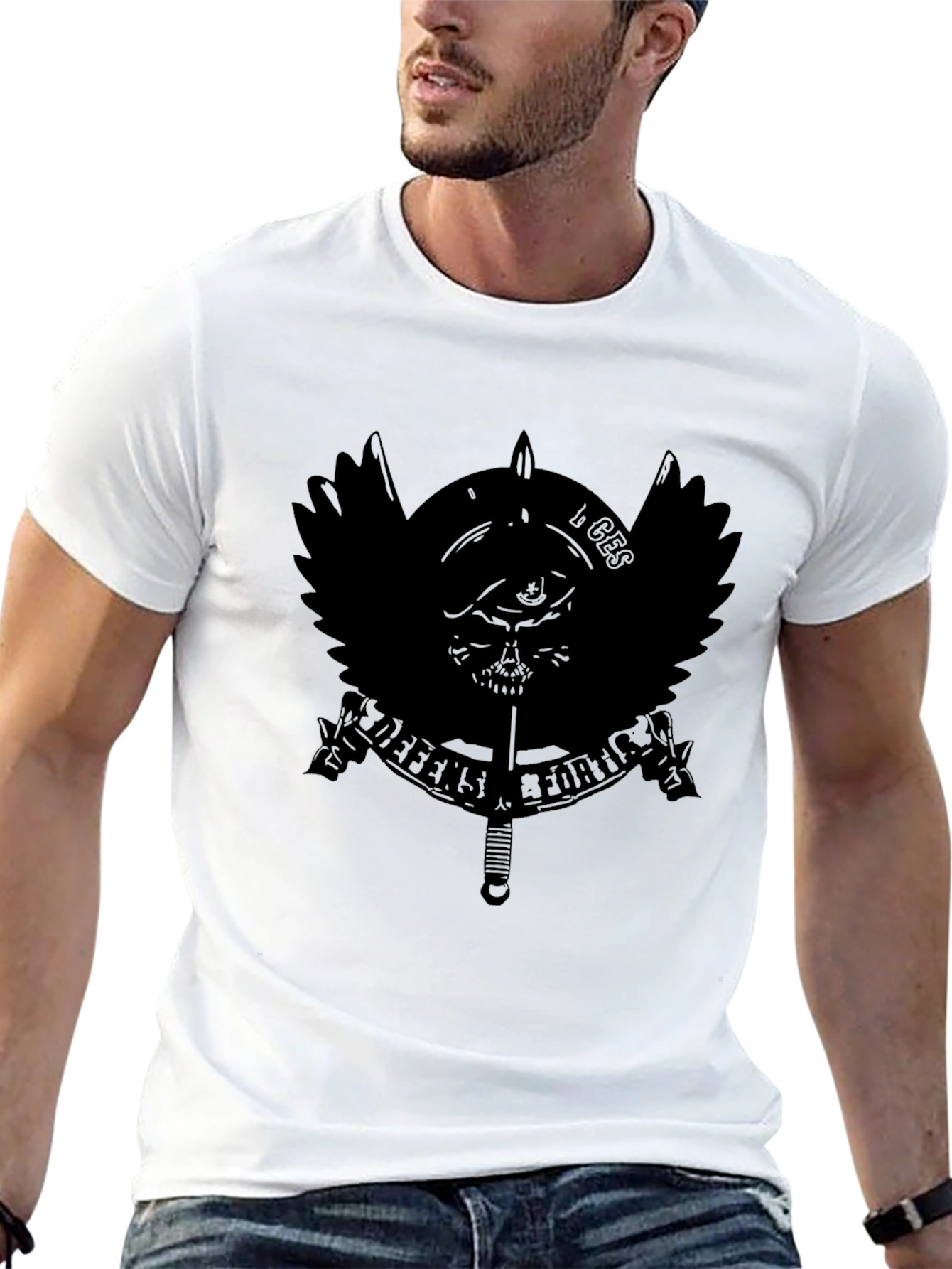 Mens Black Graphic Tee - Military Skull Design