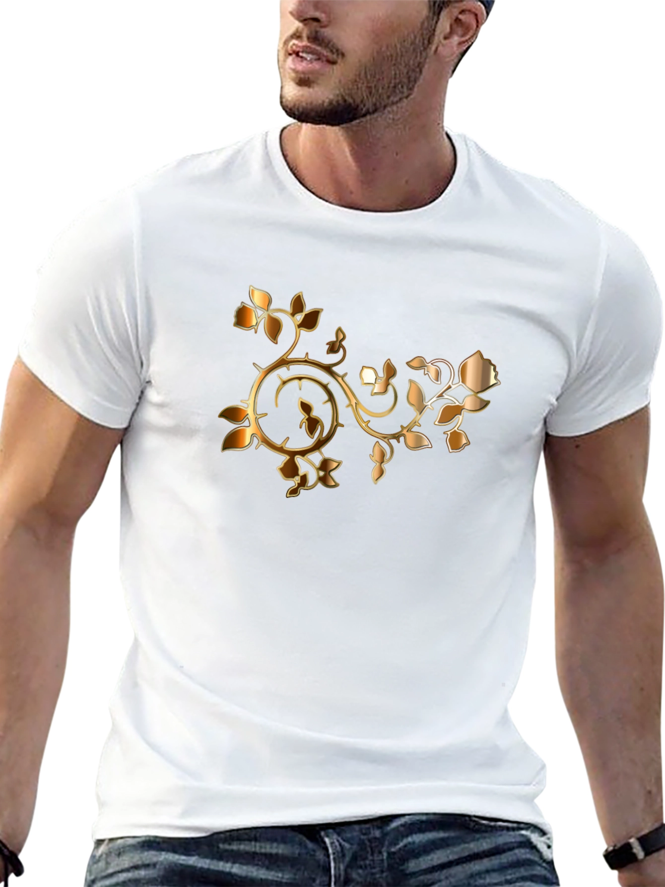 Stylish Black T-Shirt with Golden Rose Vine Design