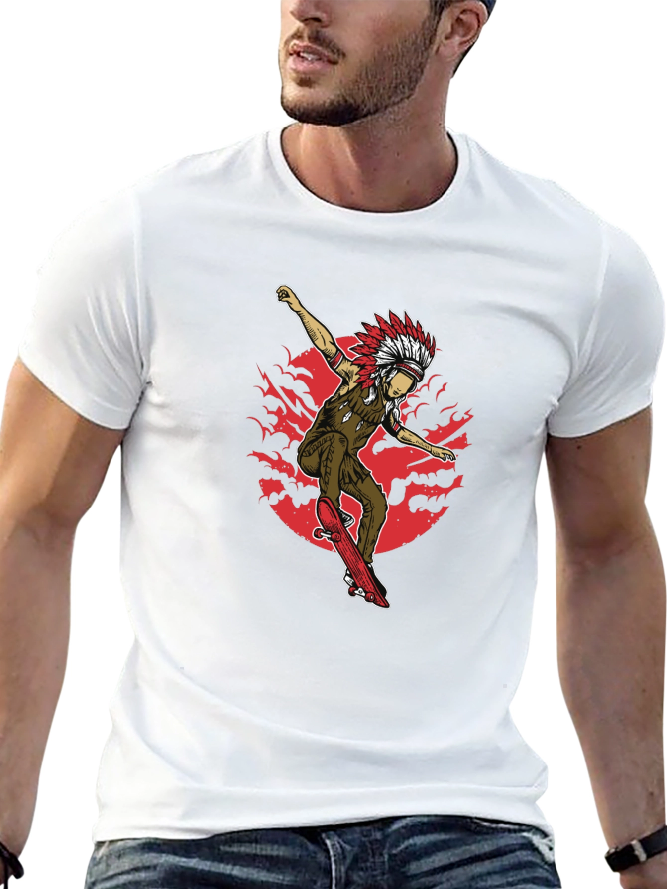 Native American Skateboarder Graphic Tee - Black