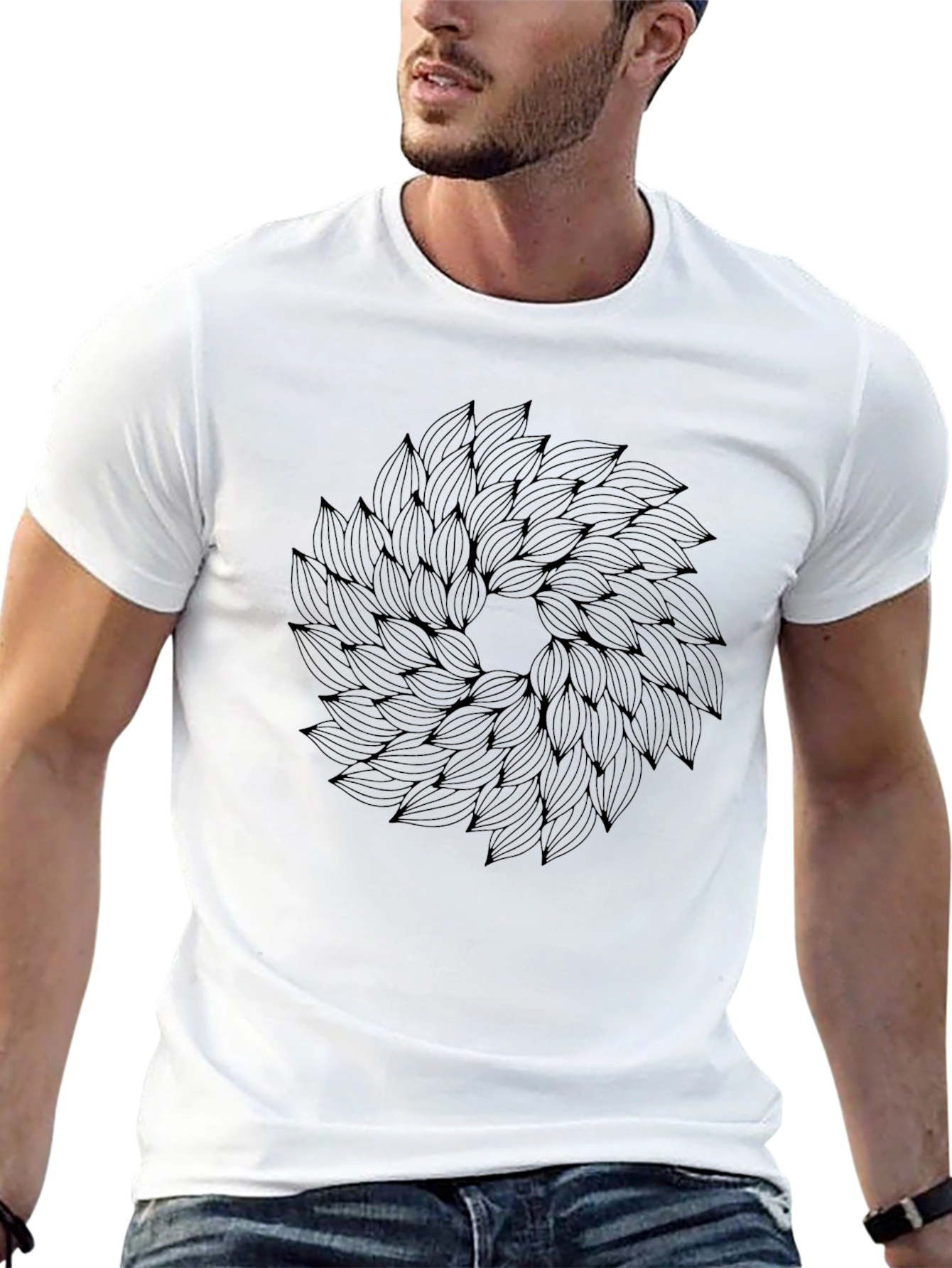 Abstract Leaf Mandala Print Black T-Shirt