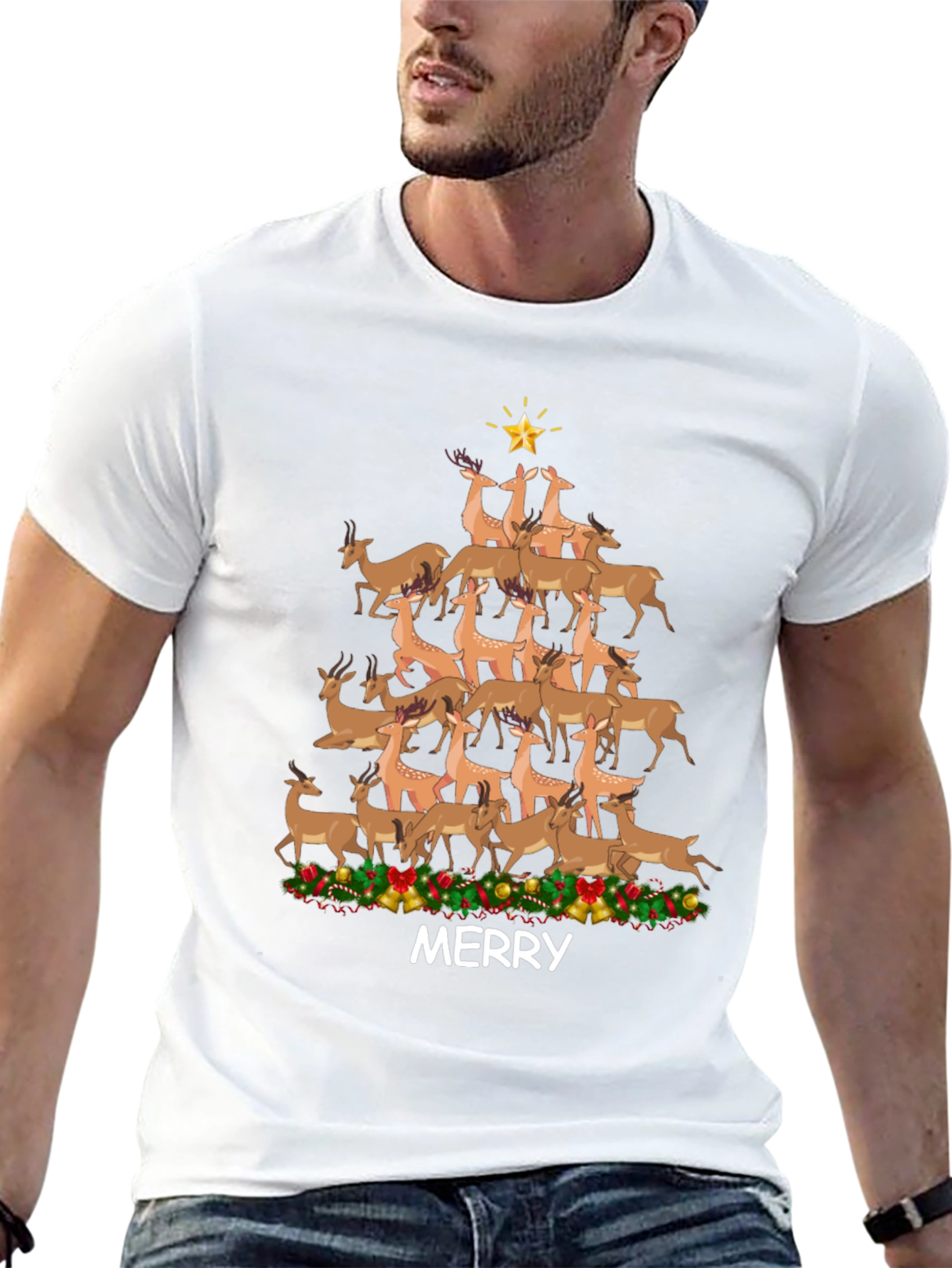 Merry Deer Christmas Tree T-Shirt