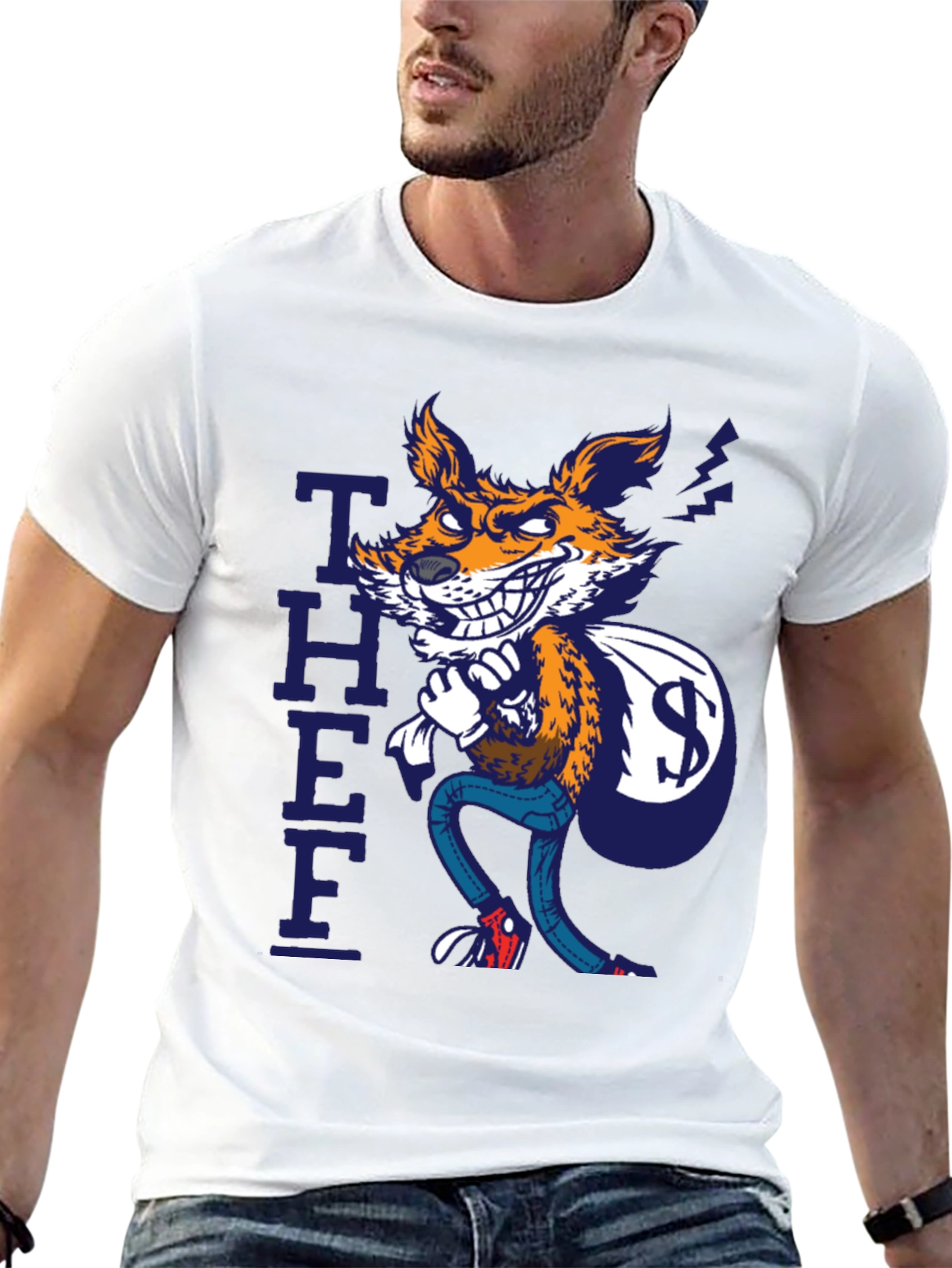 Cartoon Thief Fox Graphic Tee - Black