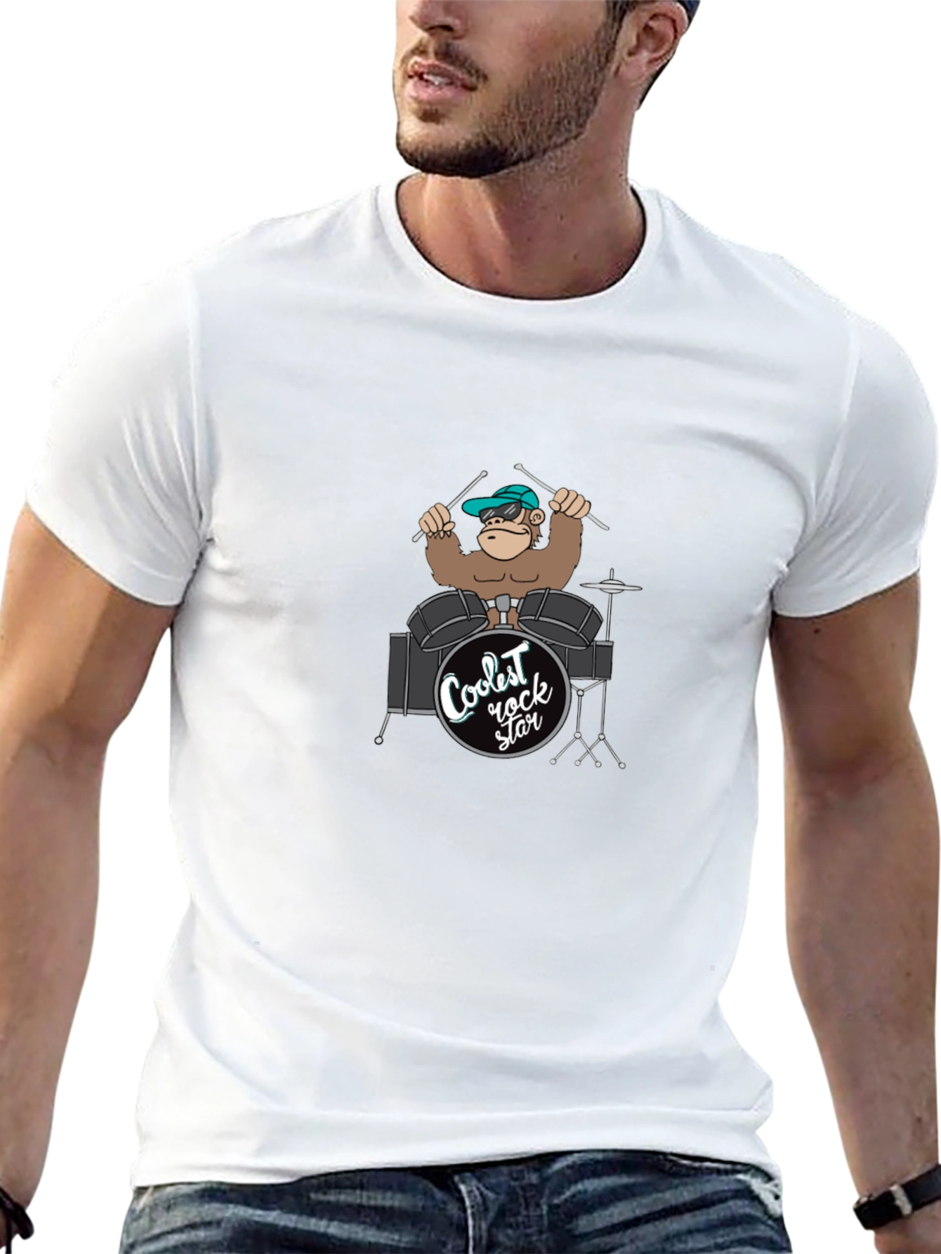Coolest Rock Star Monkey Drummer Black T-Shirt