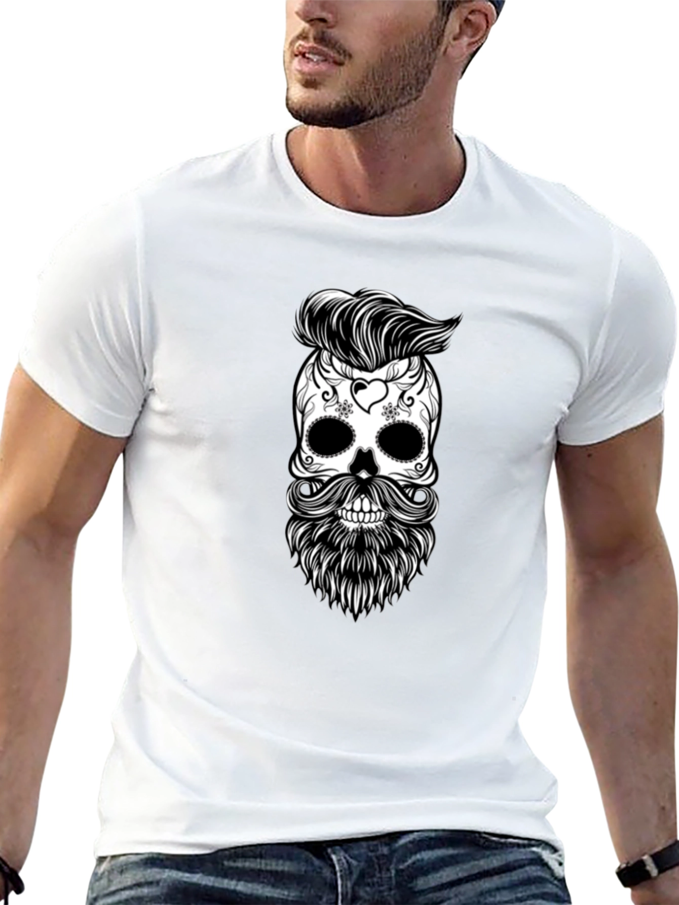 Skull & Beard Graphic Tee - Black Cotton