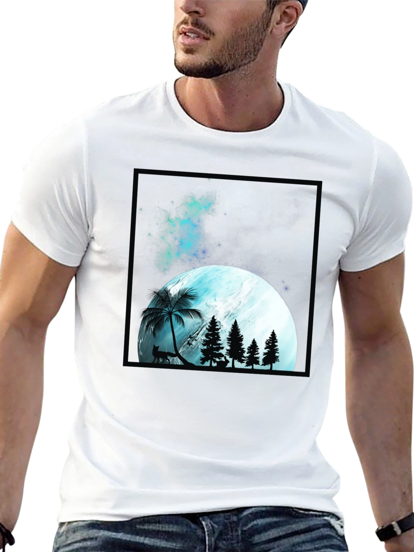 Mens Black T-Shirt with Moon & Forest Graphic