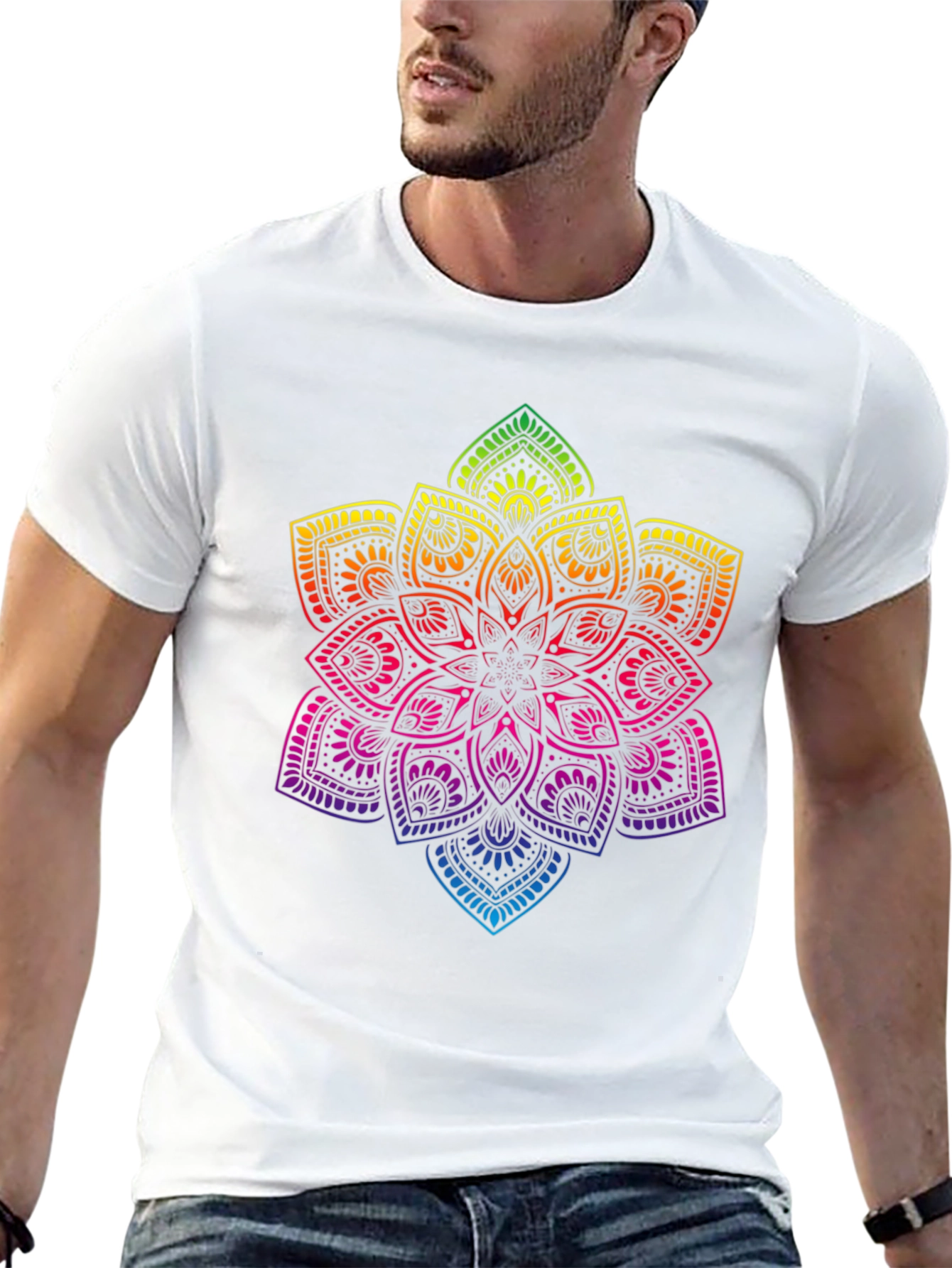 Rainbow Mandala Graphic Print Black T-Shirt