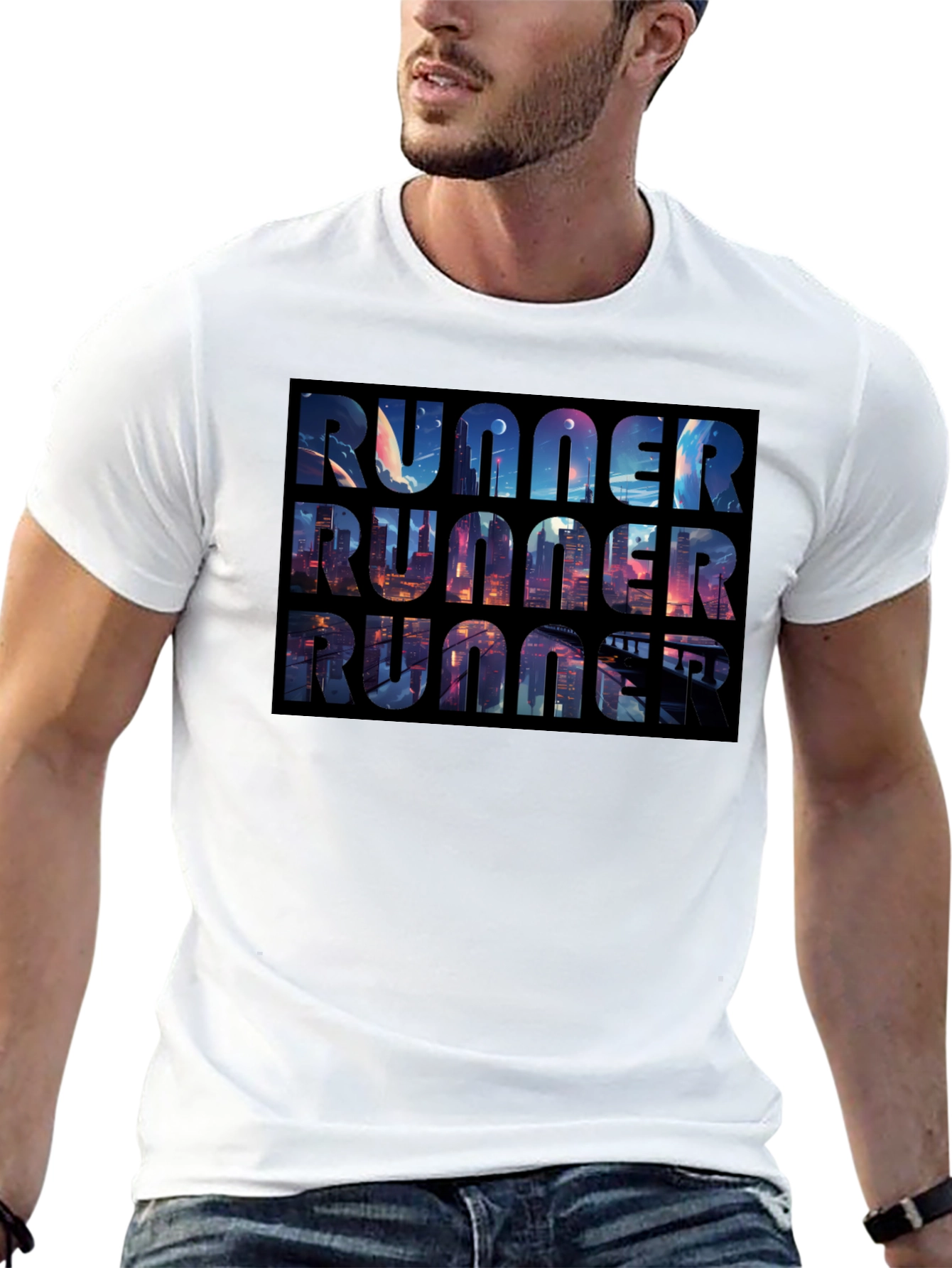 Runner Black T-Shirt Cityscape Design