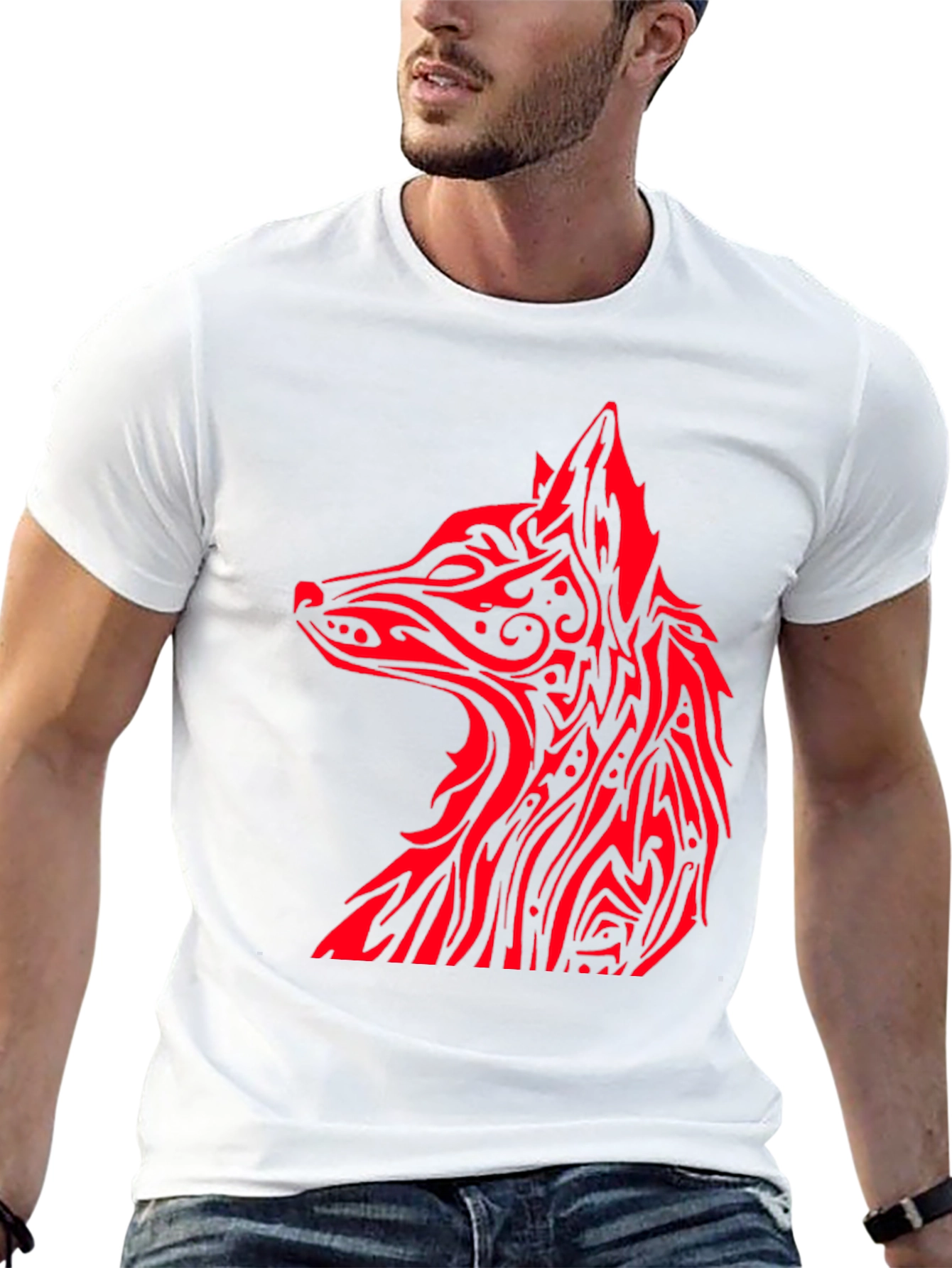 Red Tribal Fox Graphic Black T-Shirt