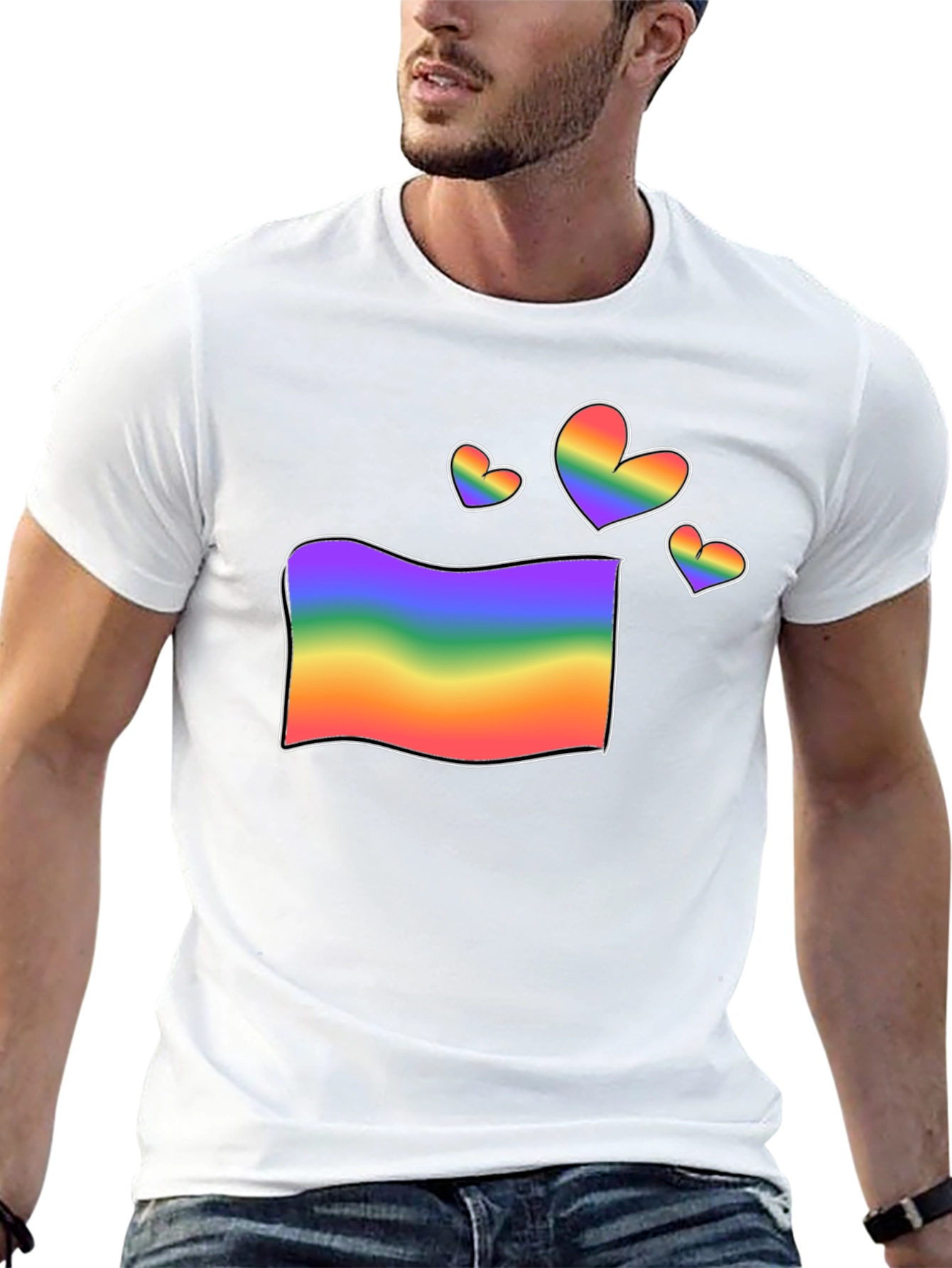 Rainbow Flag & Hearts Graphic Black T-Shirt