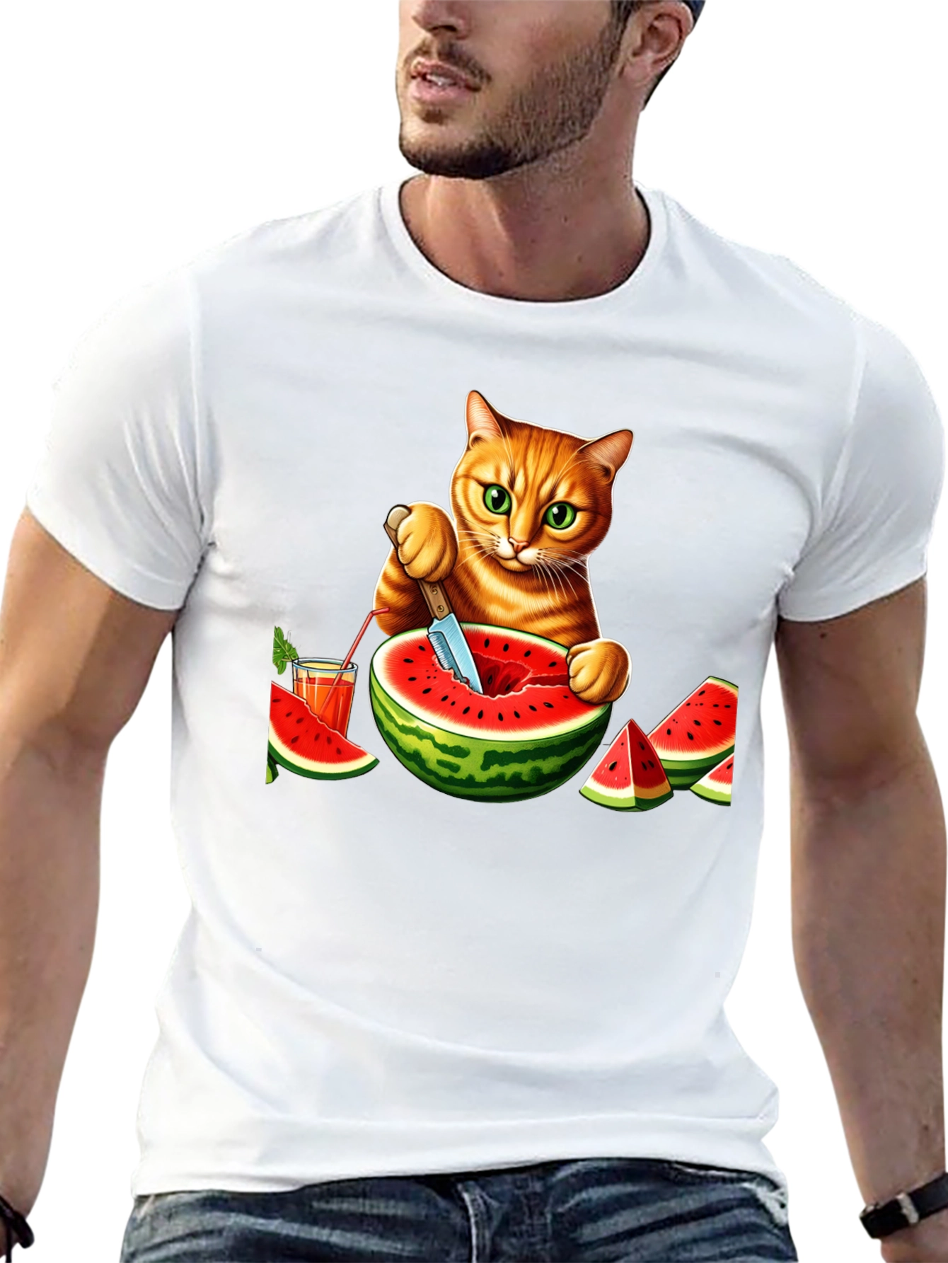 Cat Cutting Watermelon T-Shirt