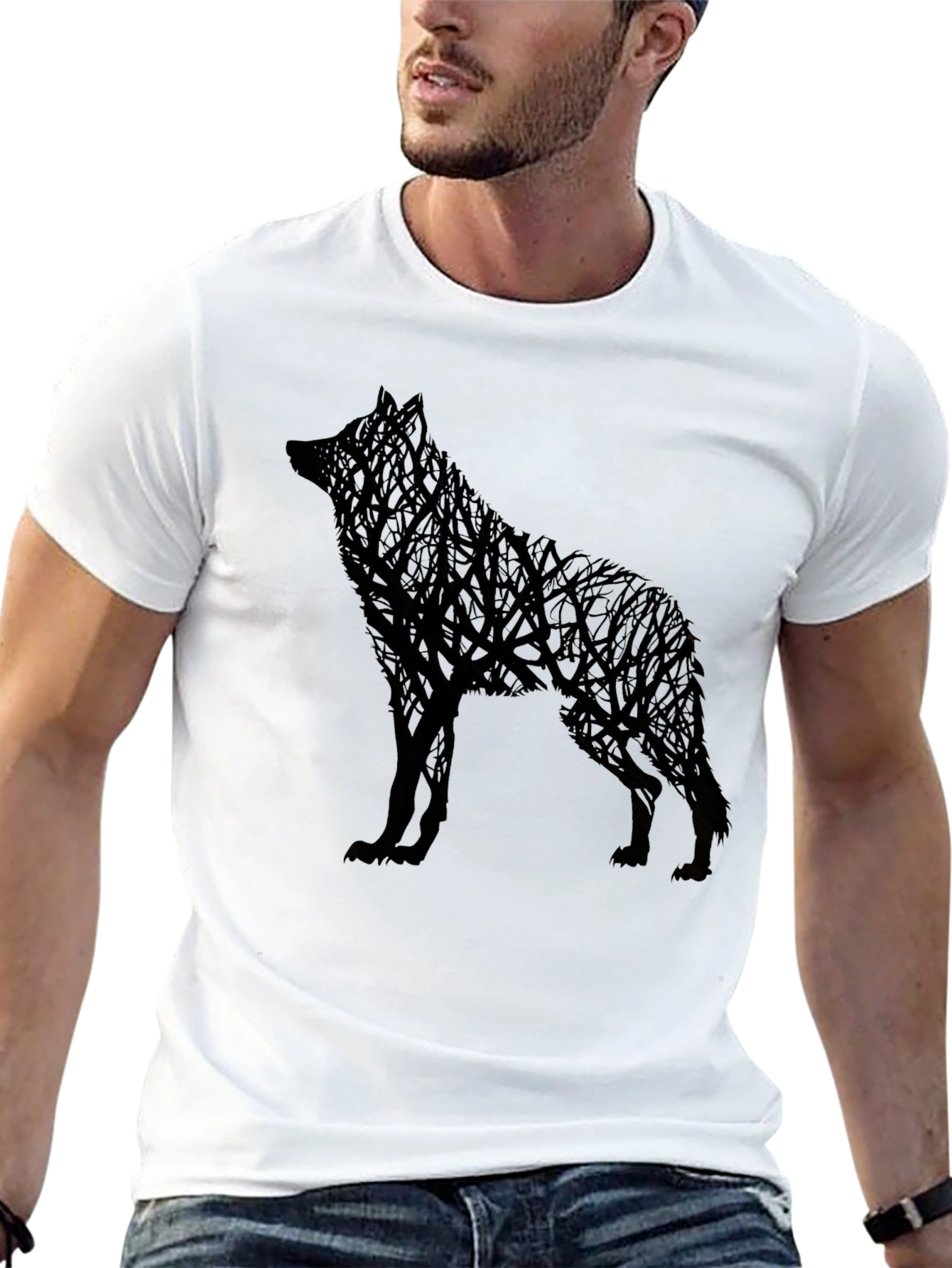 Wolf Tree Graphic Mens Black T-Shirt