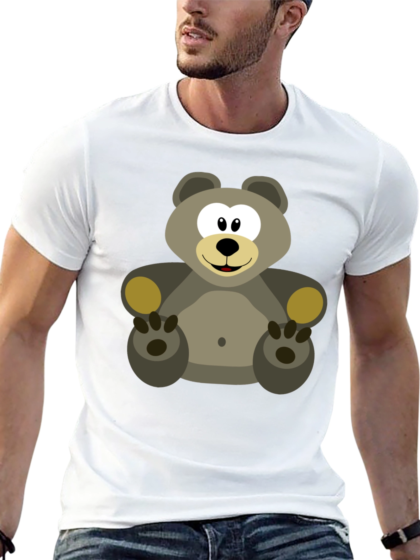 Cartoon Bear Graphic Tee - Black Cotton Blend