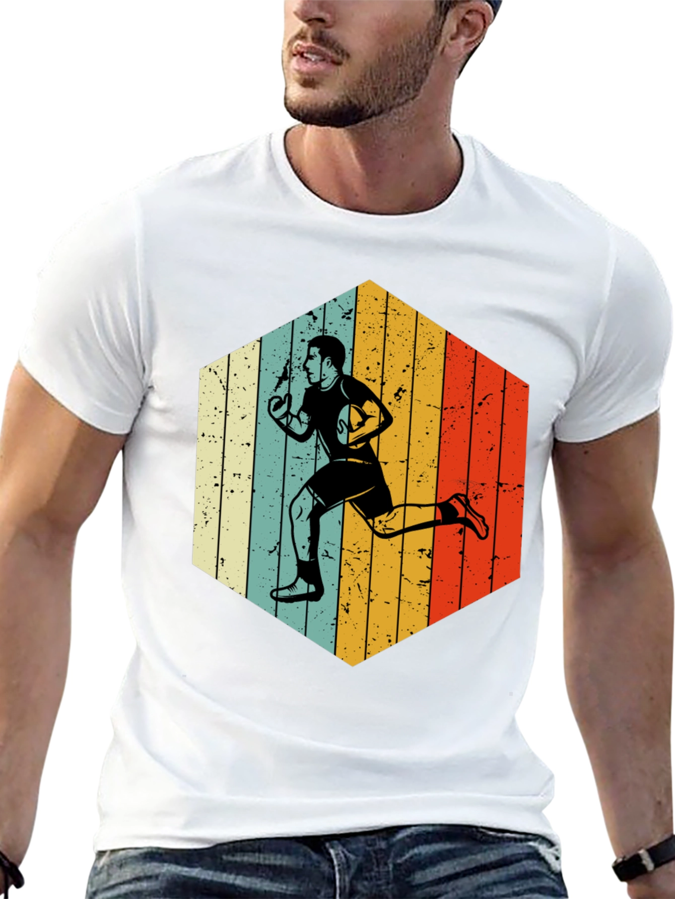 Retro Rugby Player Hexagon Graphic T-Shirt