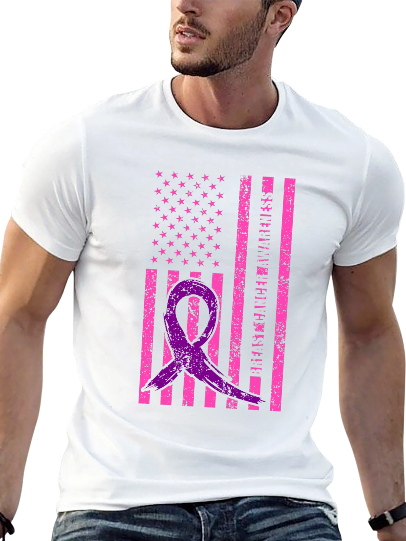 Breast Cancer Awareness Ribbon USA Flag Graphic Tee