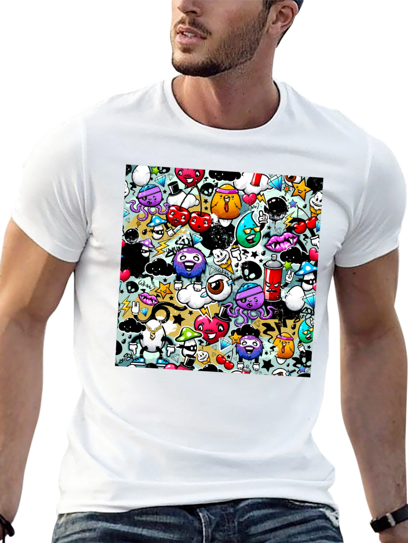 Graffiti Cartoon Character Print Black T-Shirt