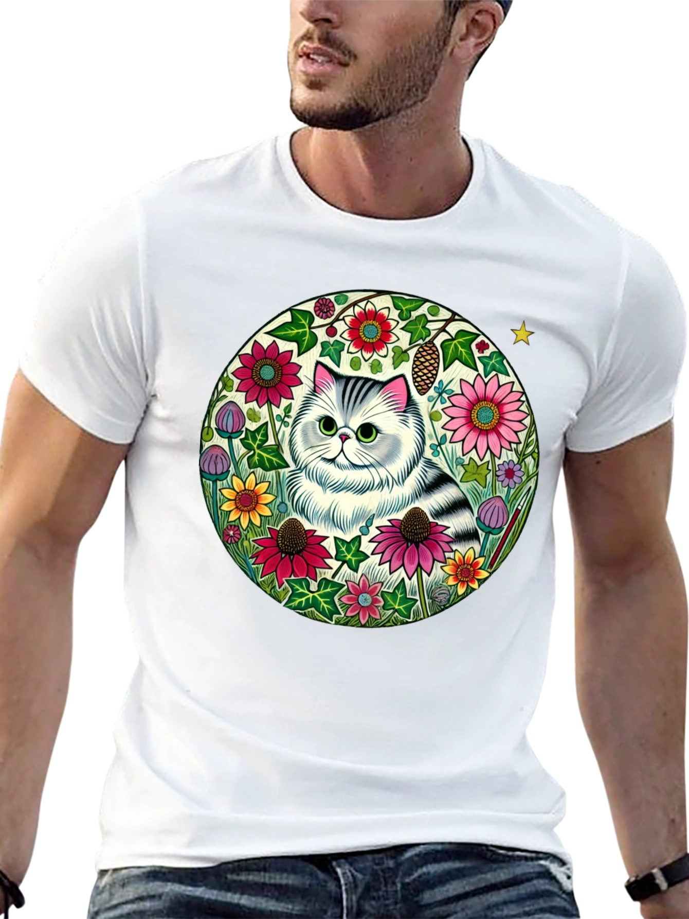 Floral Cat Graphic Tee - Black