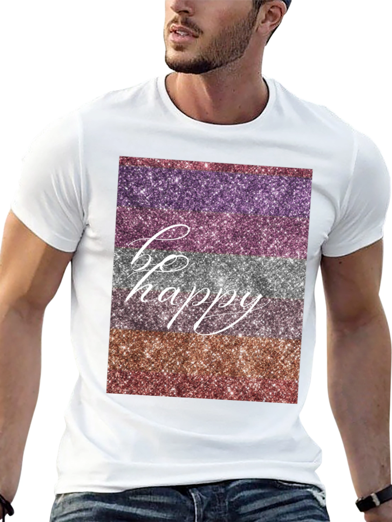 Be Happy Glitter Stripe Graphic T-Shirt