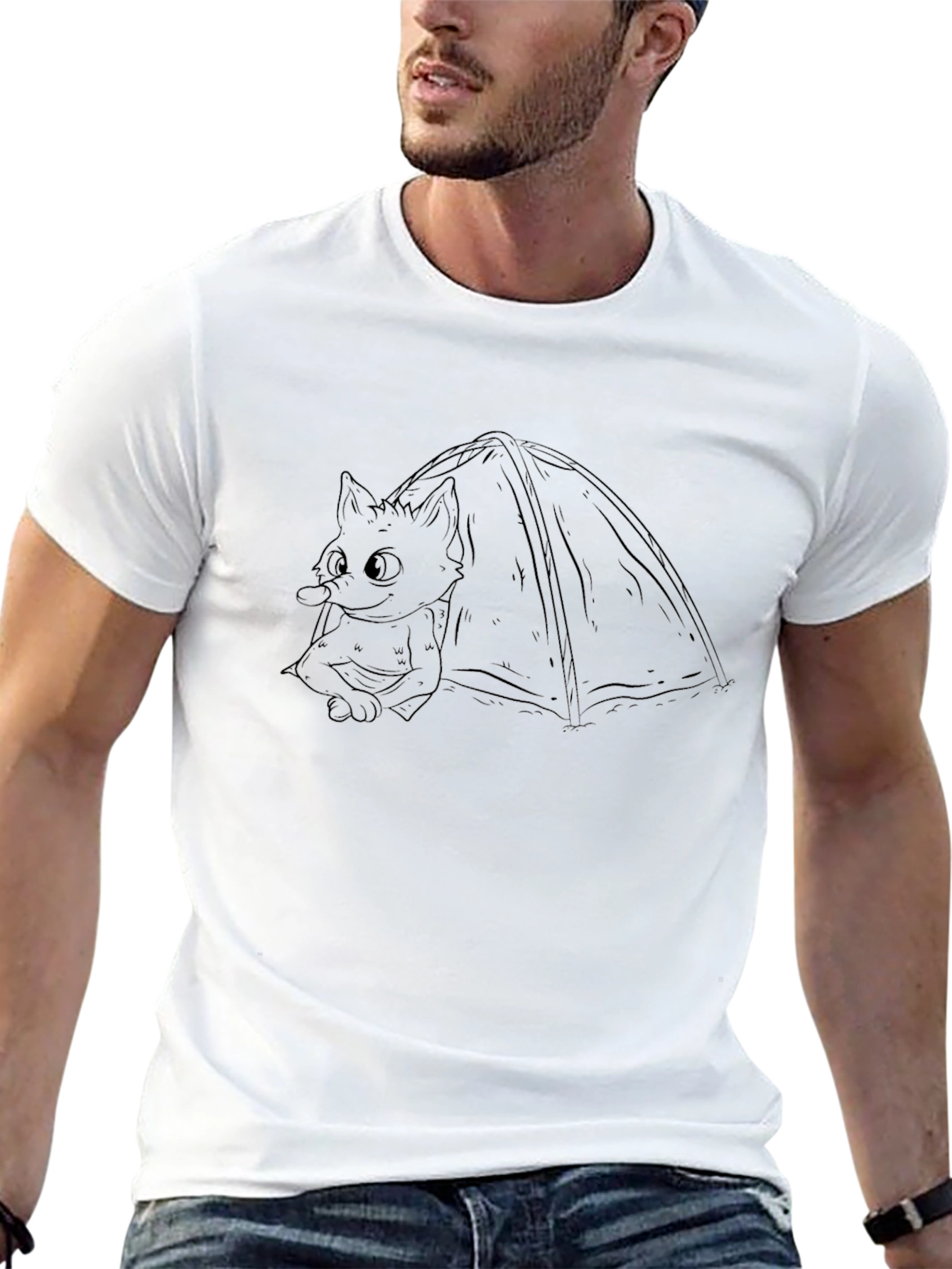 Black T-Shirt with Cartoon Cat Camping Graphic
