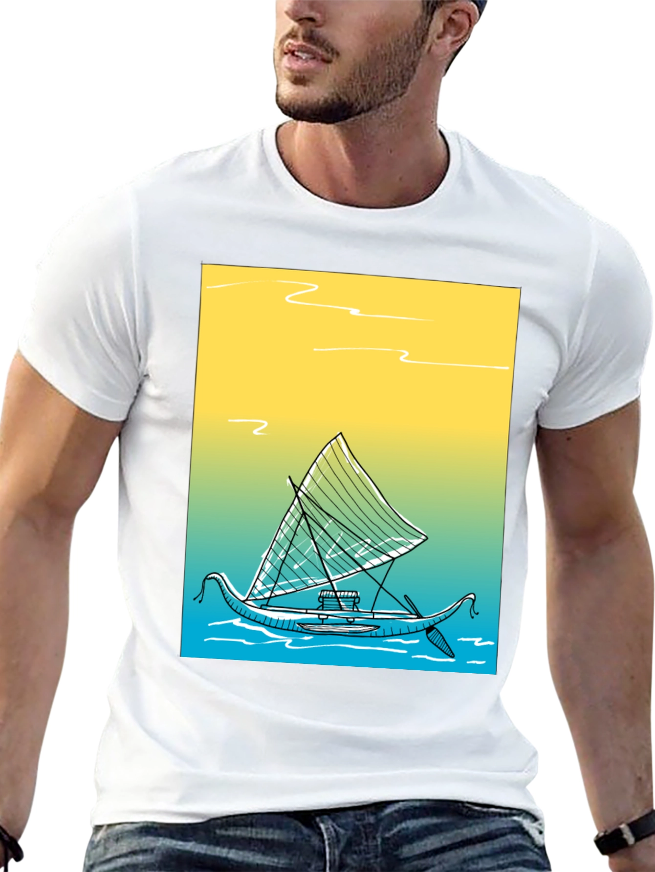 Tropical Boat Graphic Tee - Black Cotton T-Shirt
